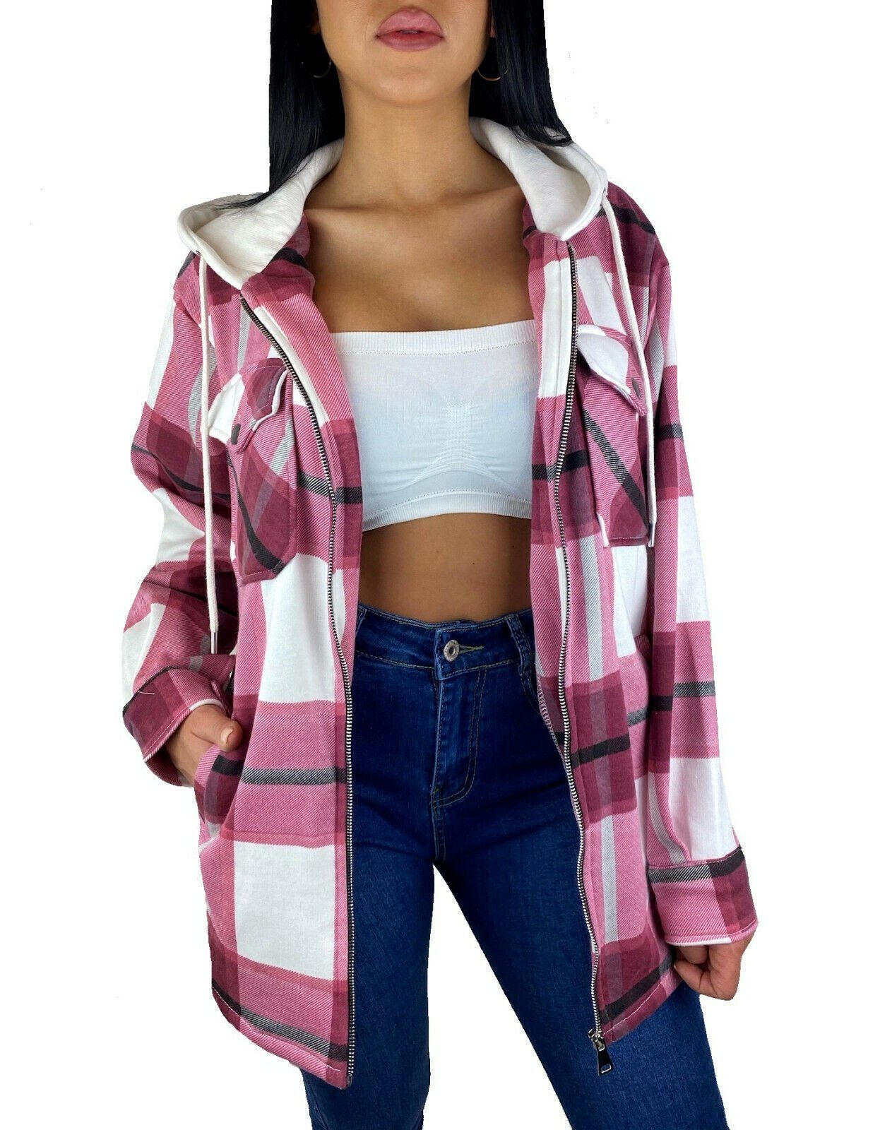 Worldclassca Flanellhemd Worldclassca DAMEN HEMDJACKE KARIERT MIT KAPUZE HOLZFÄLLERHEMD (1-tlg) OVERSIZED HOODIE KAROHEMD BLOGGER XS-XL