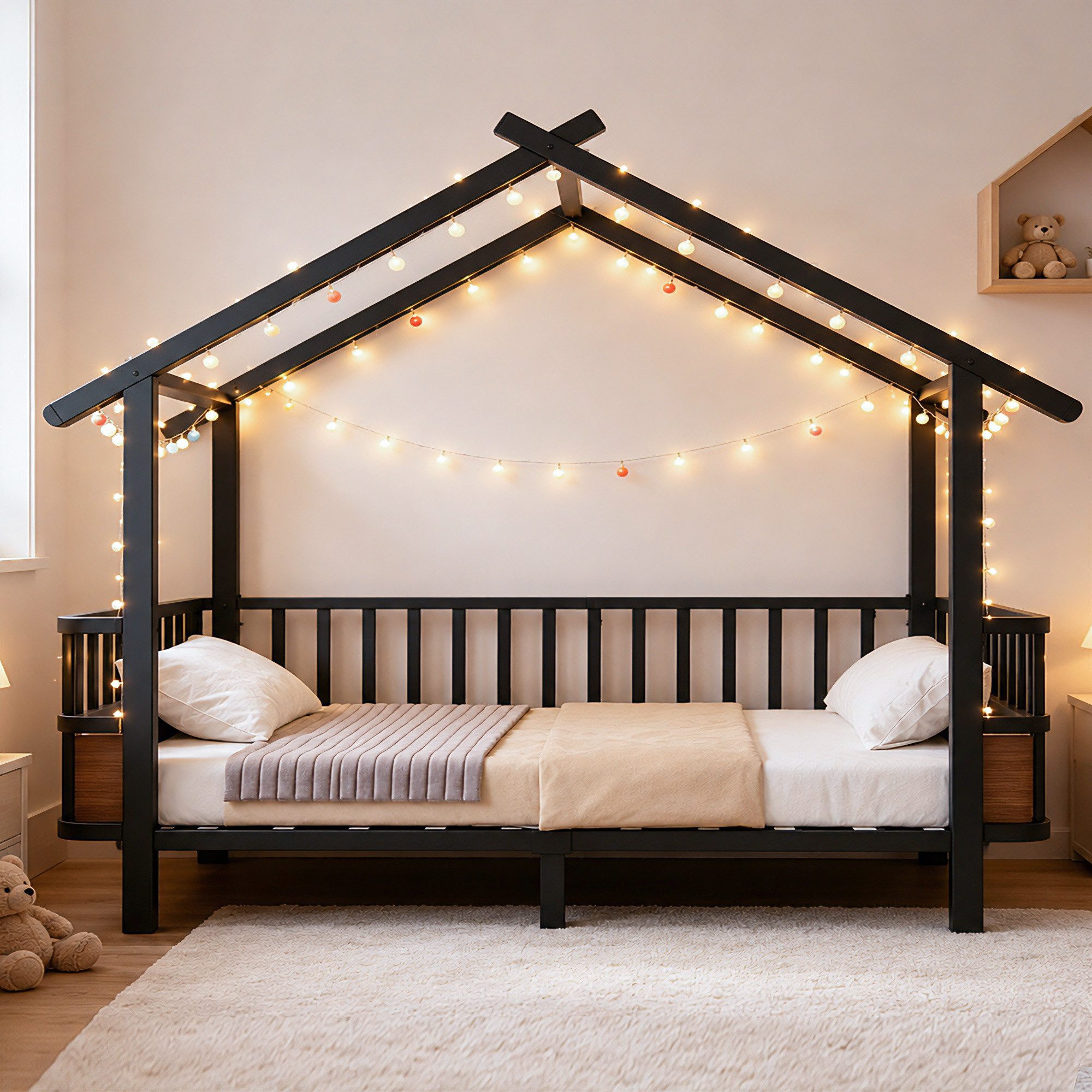 Flieks Kinderbett, Metallbett in Hausform 90x200cm mit Sicherheitsgitter und Lattenrost