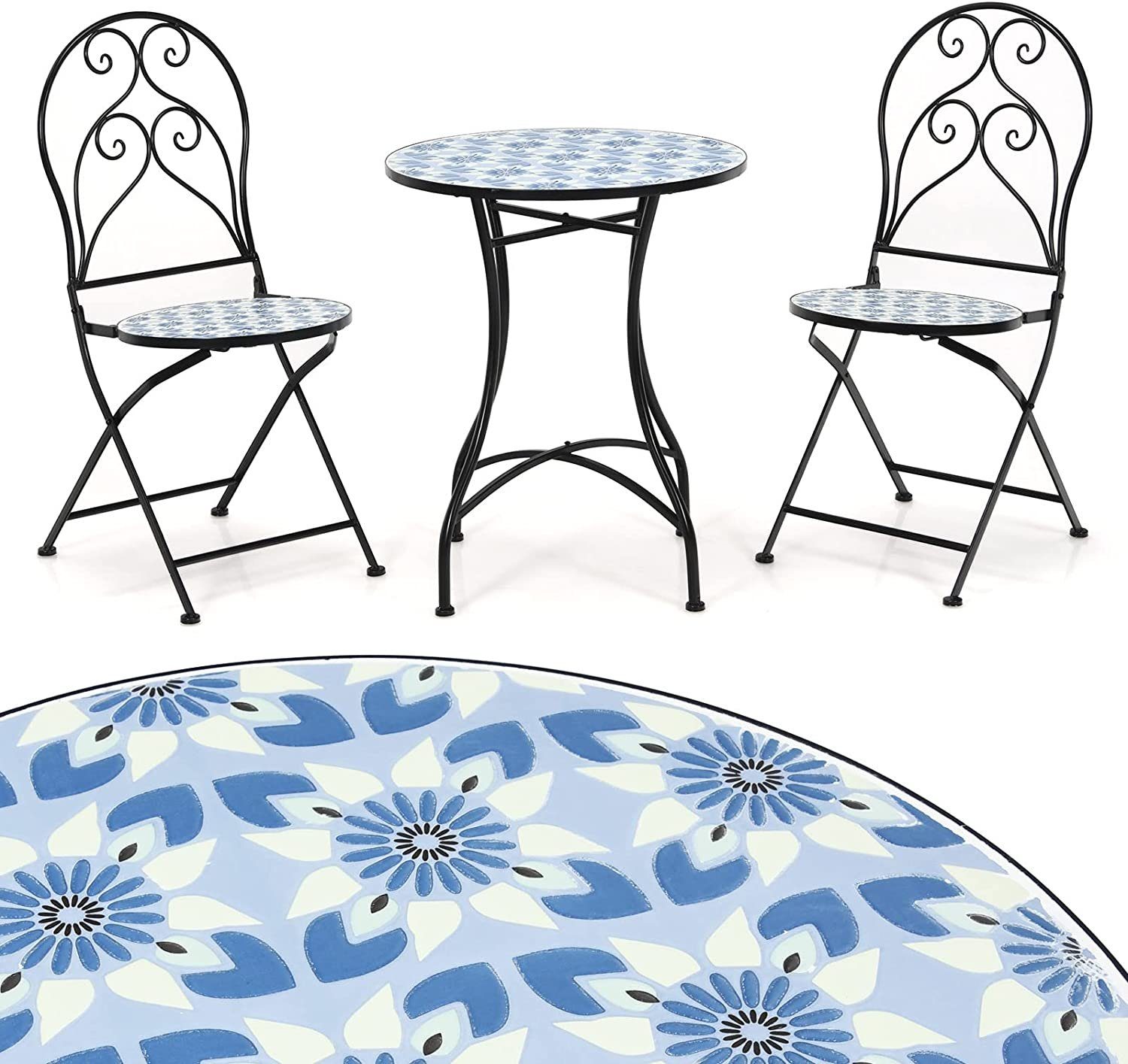 KOMFOTTEU Bistrostuhl 3Teiliges Bistroset (Set), Ø60cm Mosaiktisch mit