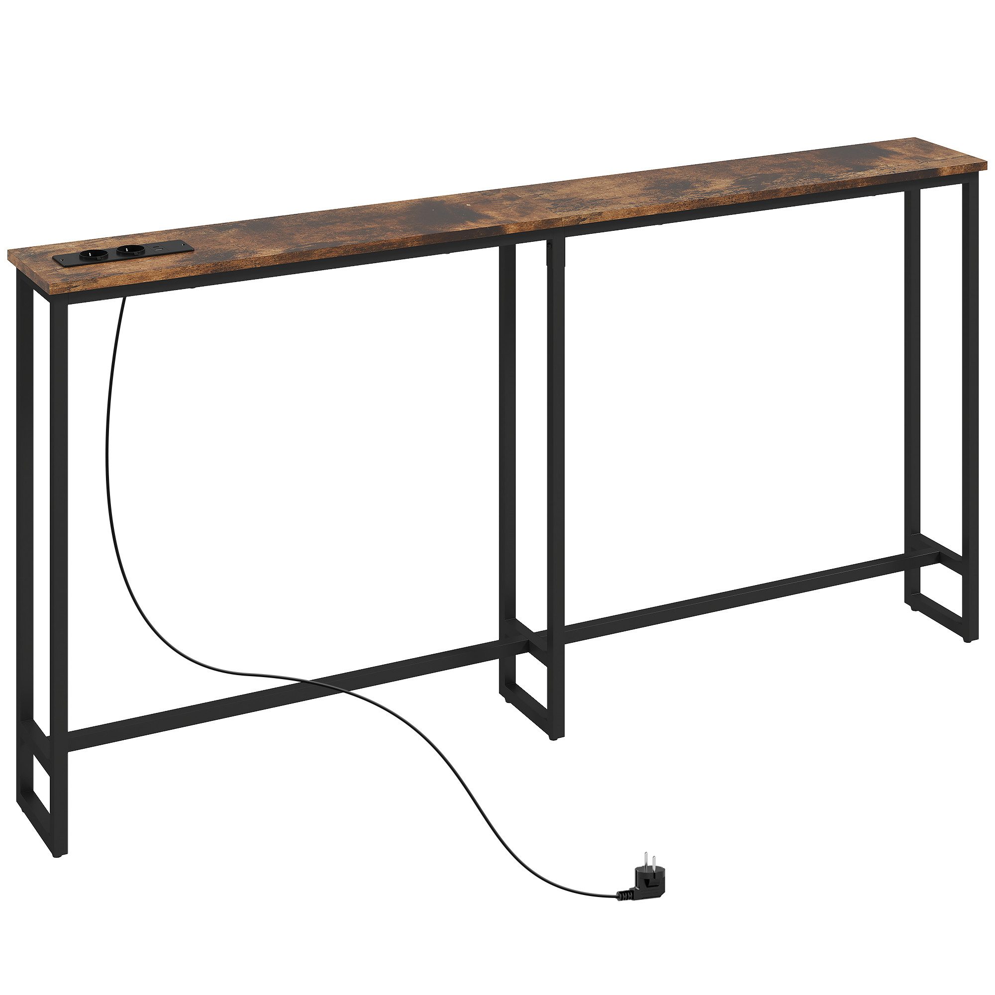 HOMCOM Konsolentisch Schmaler Sofatisch mit Ladestation, 160 cm lang (mit Stahlrahmen, 1-St., für Flur, Eingangsbereich, Wohnzimmer), rustikales Braun