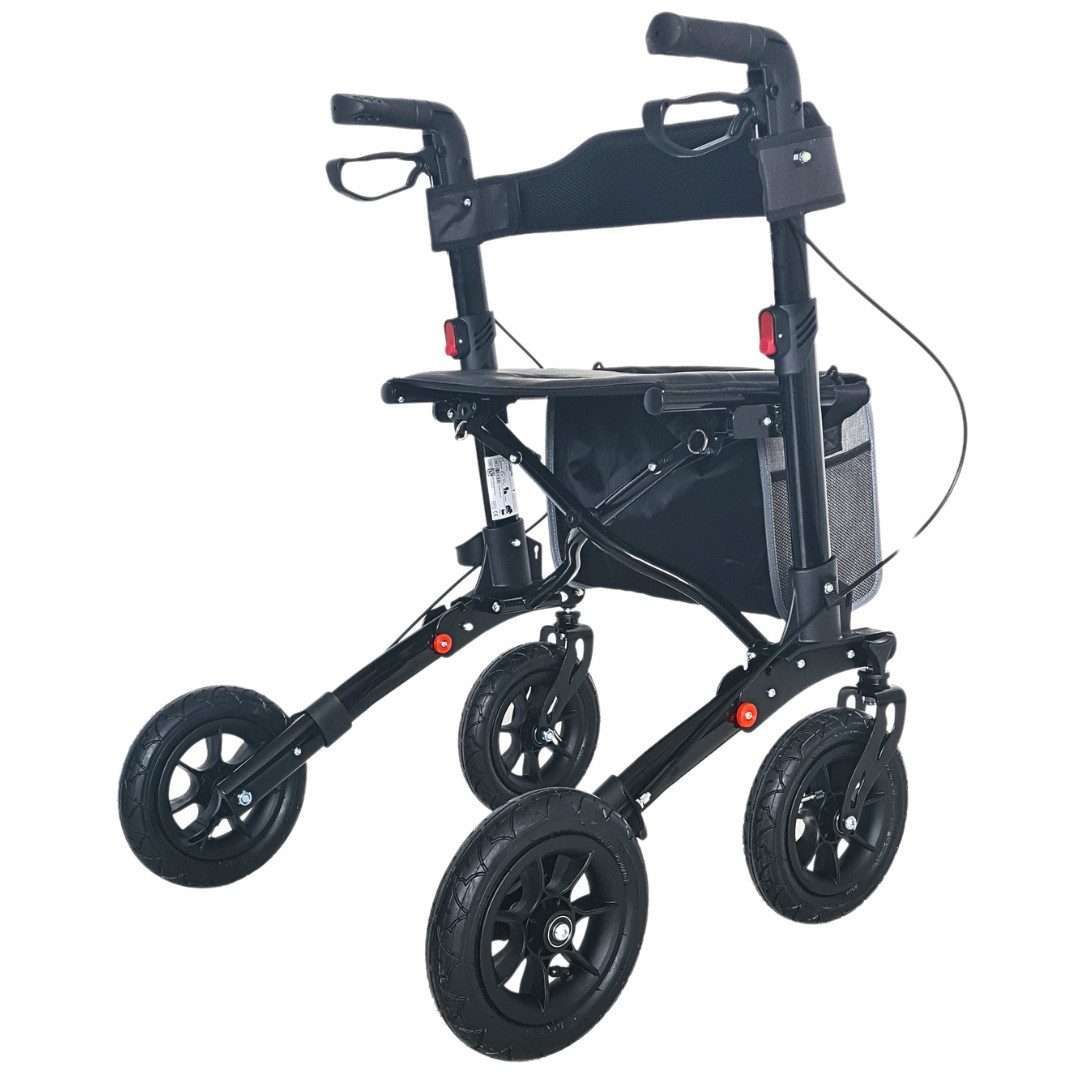 abc HOME Rollator Outdoor, mit Luftreifen & Tasche, faltbar, verstellbare Höhe, mit Profil-Bereifung, mit Tasche und Stockhalter, 2-fach faltbar