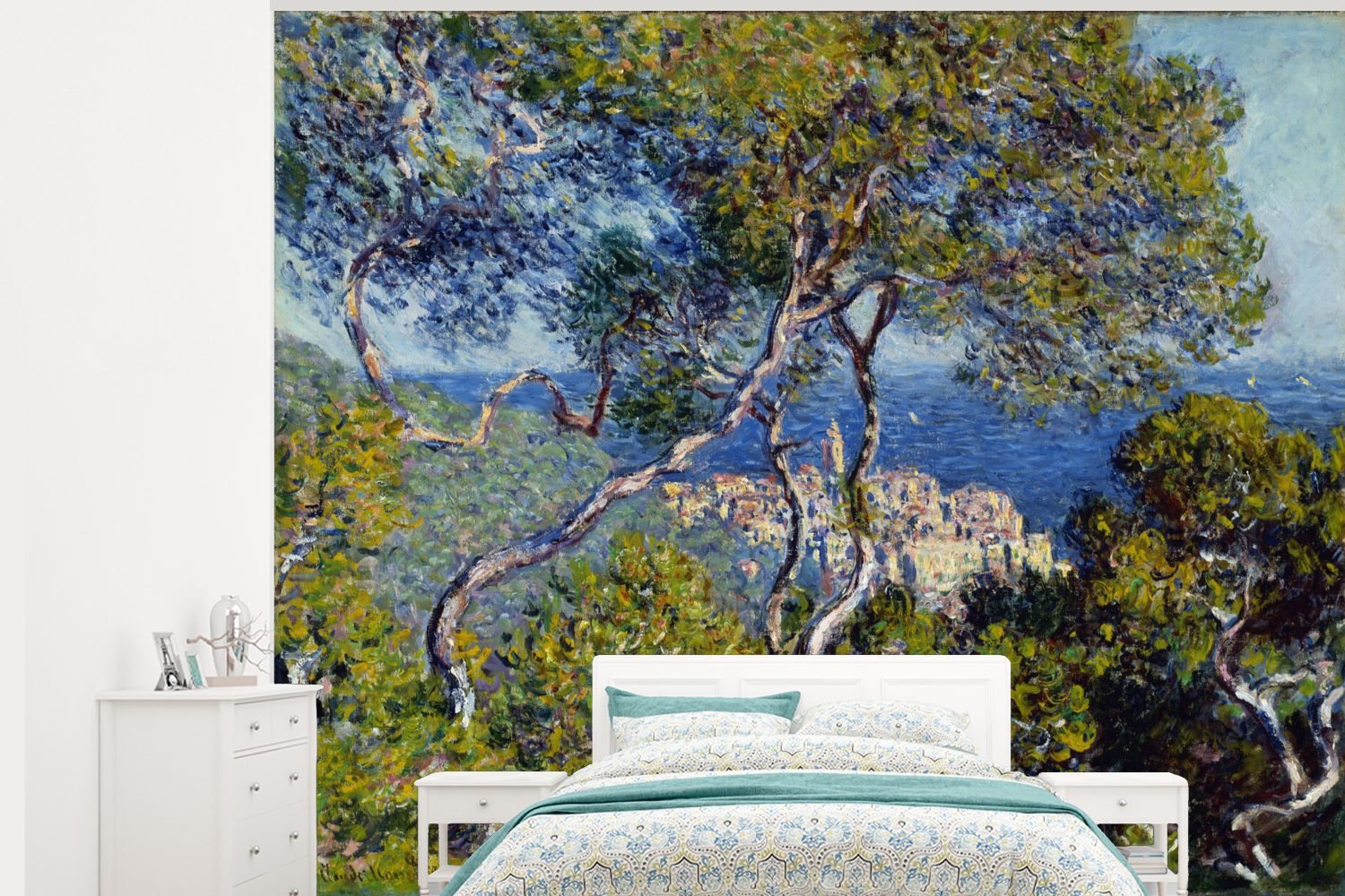 MuchoWow Fototapete Bordighera - Gemälde von Claude Monet, Matt, bedruckt, (5 St), Montagefertig Vinyl Tapete für Wohnzimmer, Wandtapete