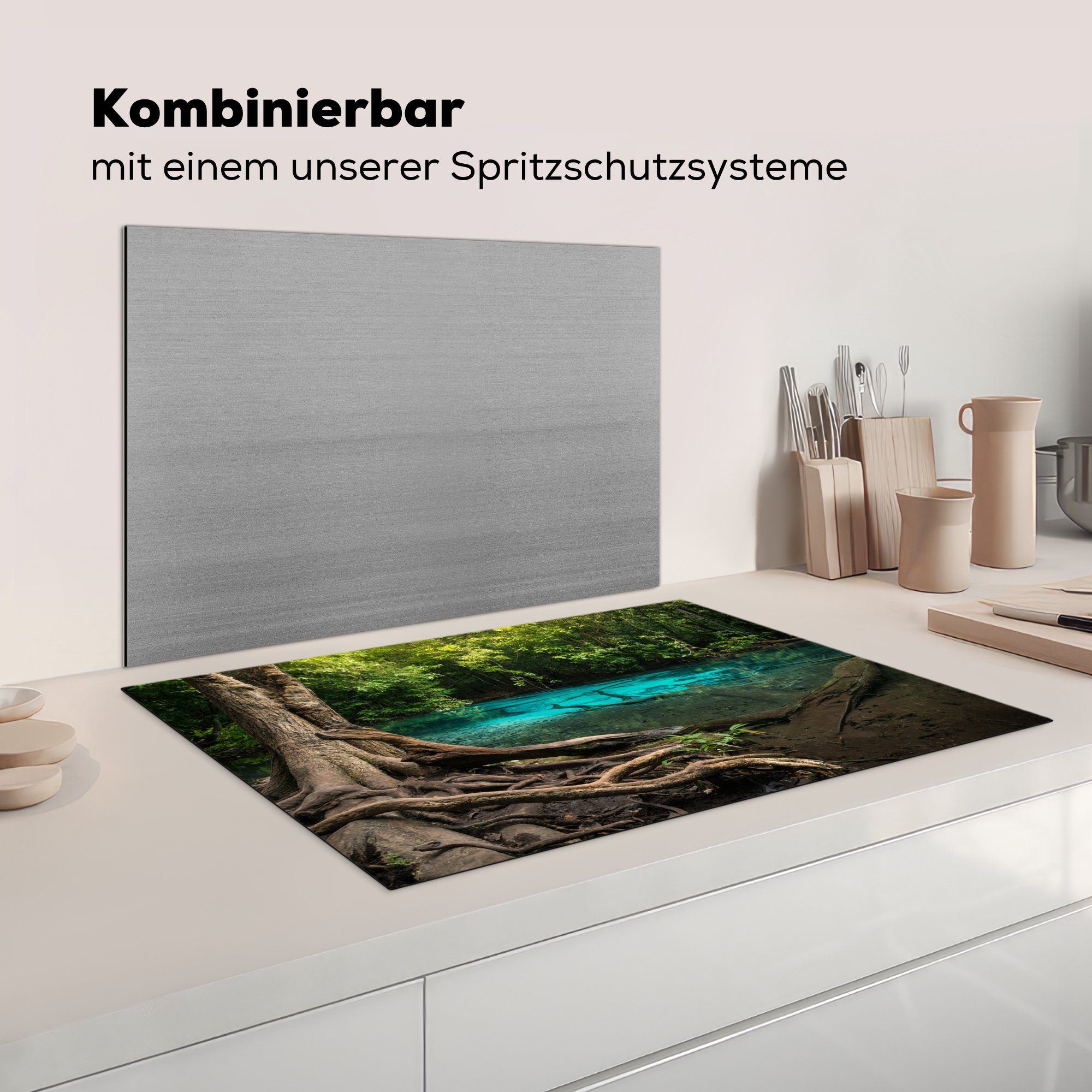 Ceranfeldabdeckung Leuchtend MuchoWow Vinyl, Bach cm, für Regenwälder Thailands, küche, Schutz der Herdblende-/Abdeckplatte inmitten tlg), 81x52 blauer die Induktionskochfeld (1