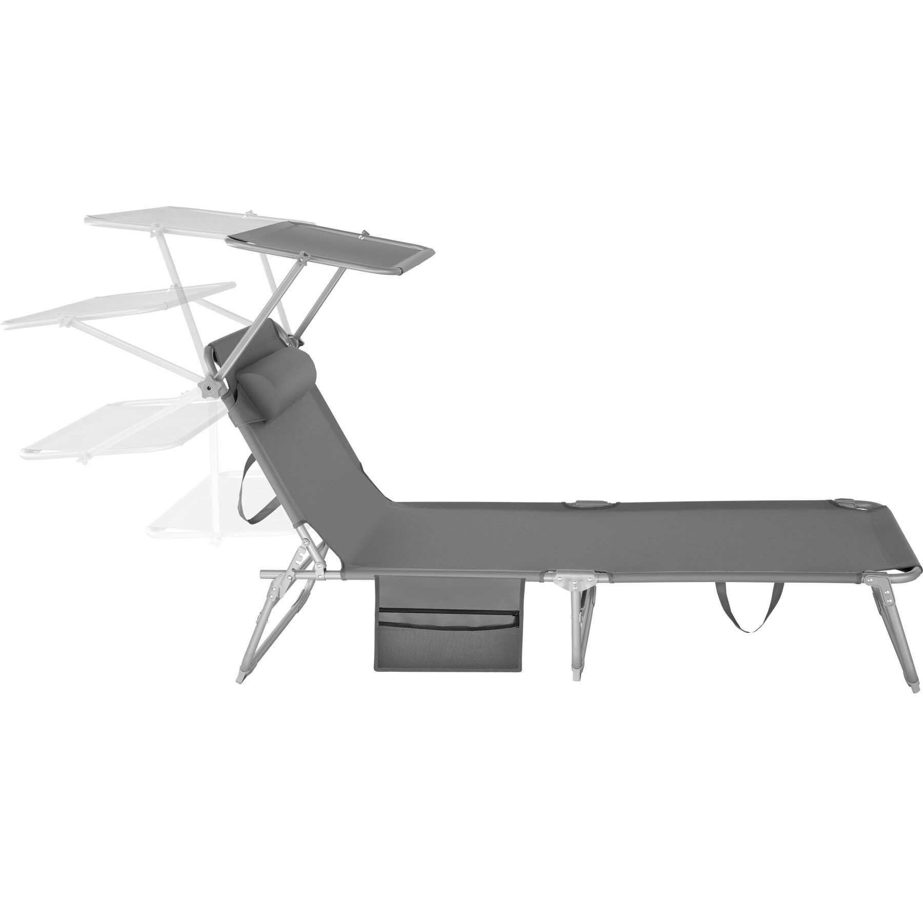 tectake Gartenliege Sonnenliege mit Seitentasche und Kopfpolster, 190 x 68 x 111cm, Sonnenliege Chloé, 1 St., in grau, Sonnendach und Rückenlehne verstellbar, widerstandsfähig
