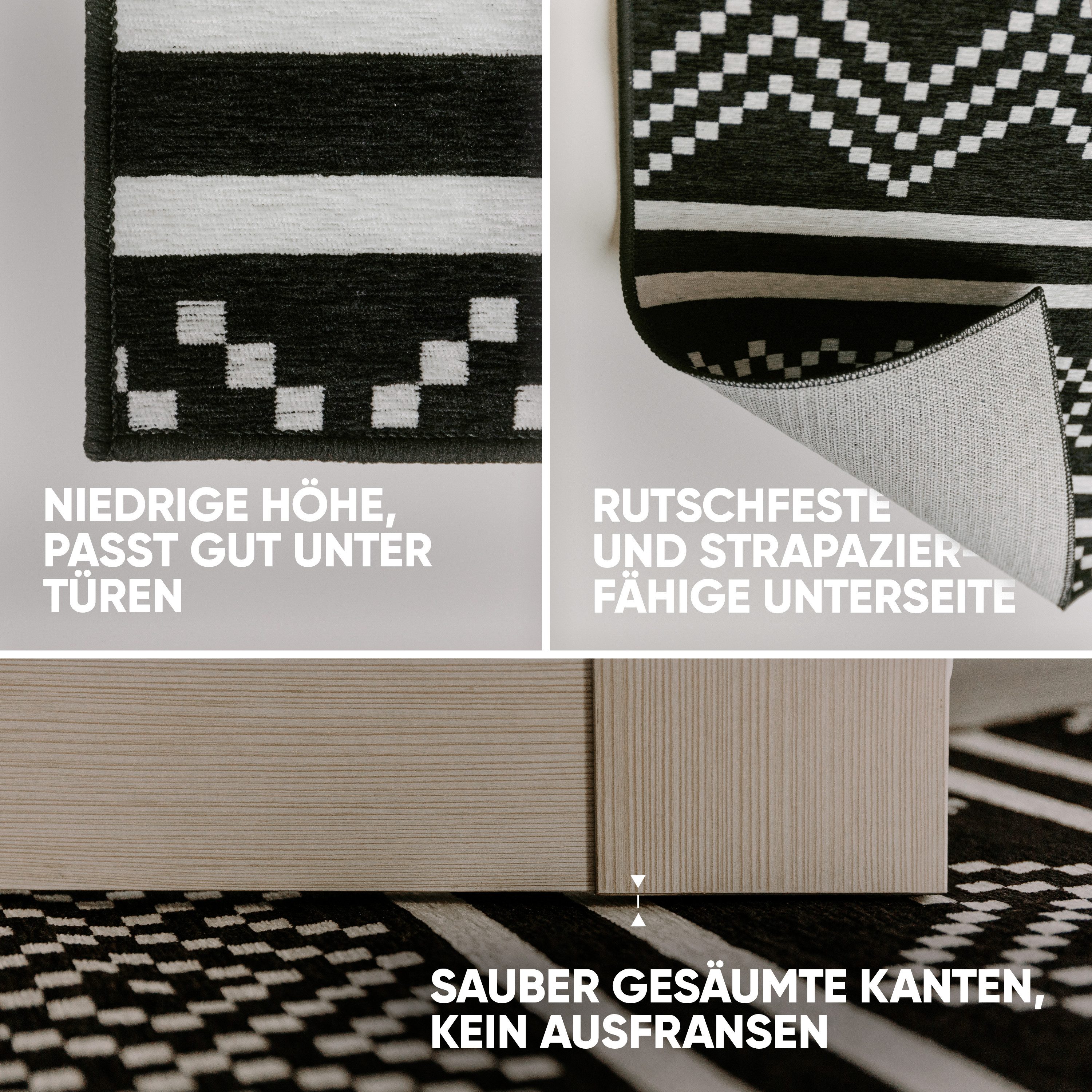 Björn&Schiller Läufer rutschfester Teppich 60x180 cm, 4 mm Dicke, moderner Flurteppich lang, rechteckig, für Korridor, Schlafzimmer und Wohnzimmer, Küchenteppich