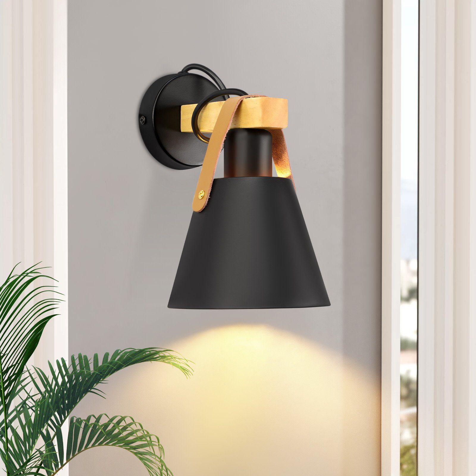 ZMH Wandleuchte Schwarz Vintage Wandlampe Holz E27 Industrie Innenbeleuchtung, LED wechselbar