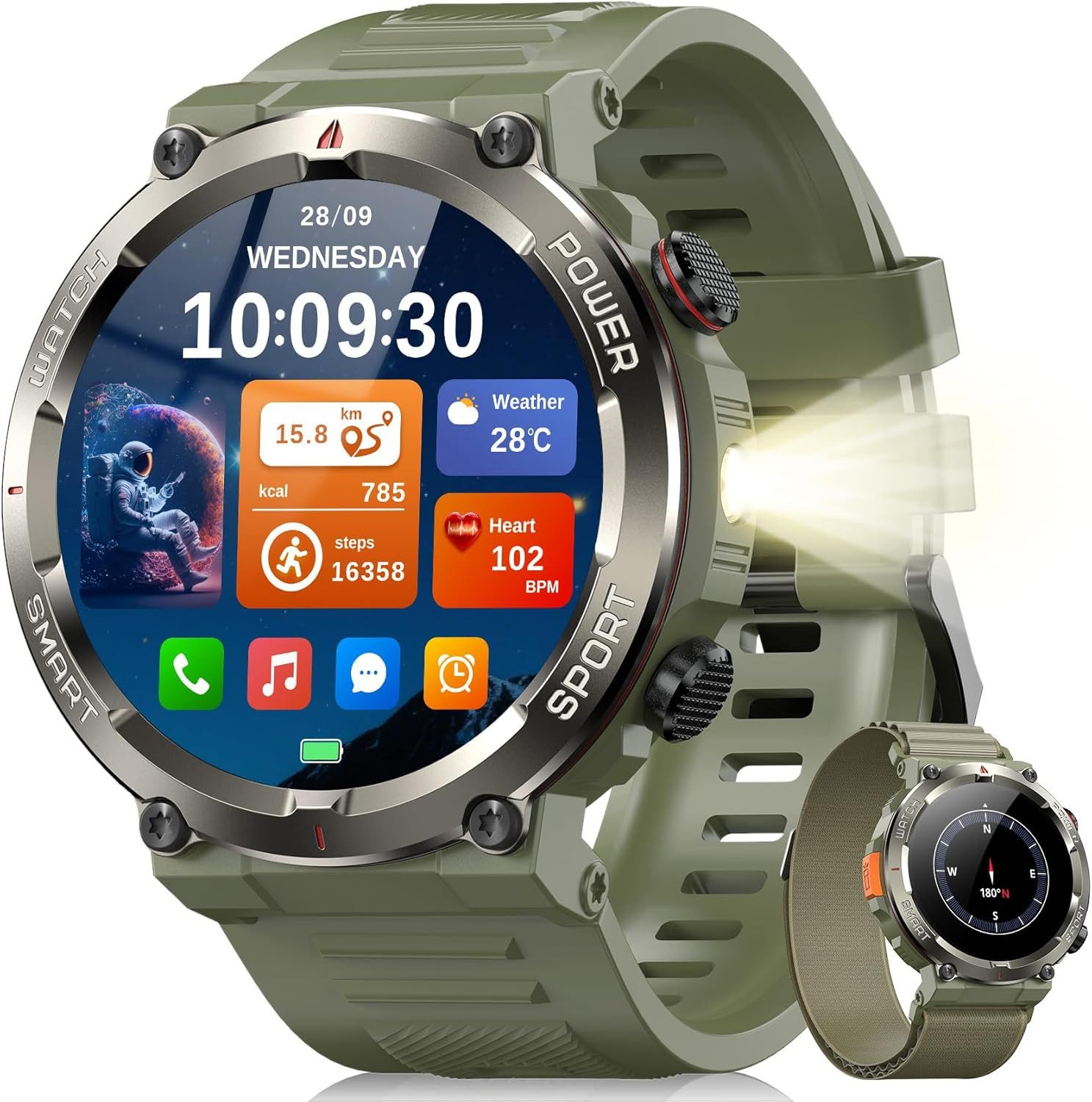 IOWODO 2026 SMARTWATCH HERREN – WASSER-,STAUB- & STOßFEST,30Tage Akkulaufzeit Smartwatch Set, mit Wechselband aus weichemSilikon und Ladekabel, 14,5",960 mAh,Kompass,LED-Taschenlampe,Anrufe tätigen & empfangen,IP68