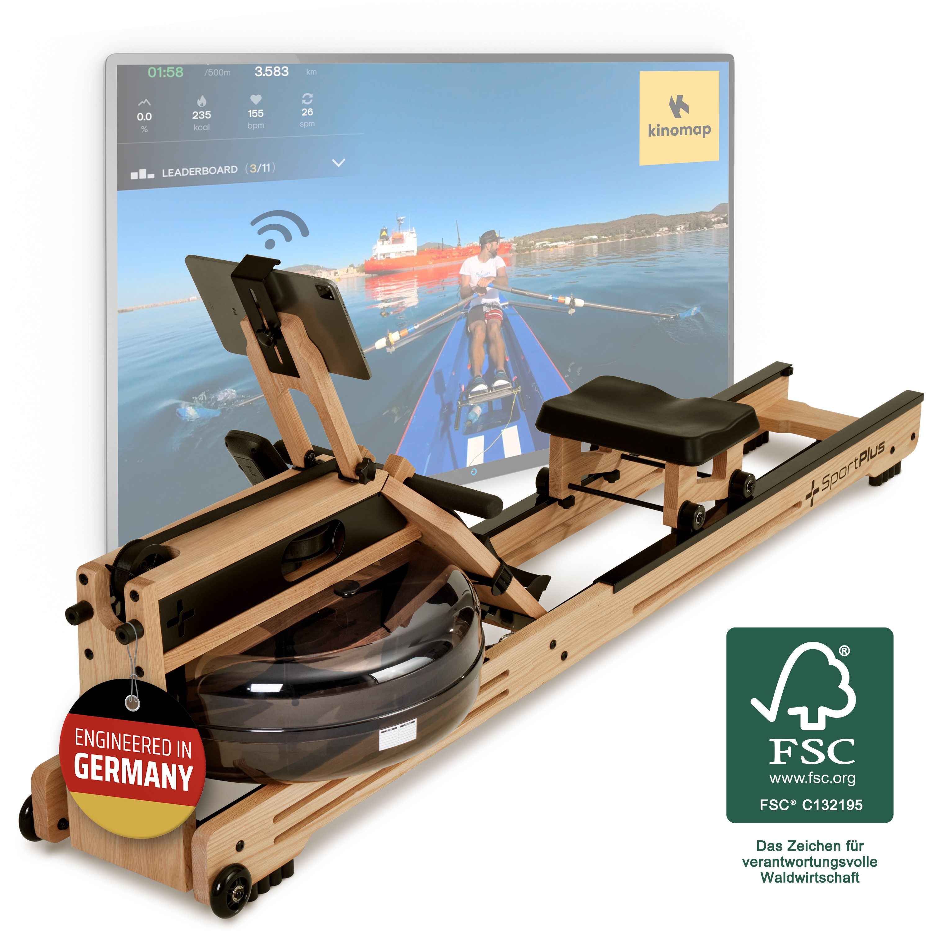 SportPlus Rudergerät SP-WR-1800, Holz-Wasser-Rudergerät, aus Natur-Massivholz, FSC®-zertifiziert.