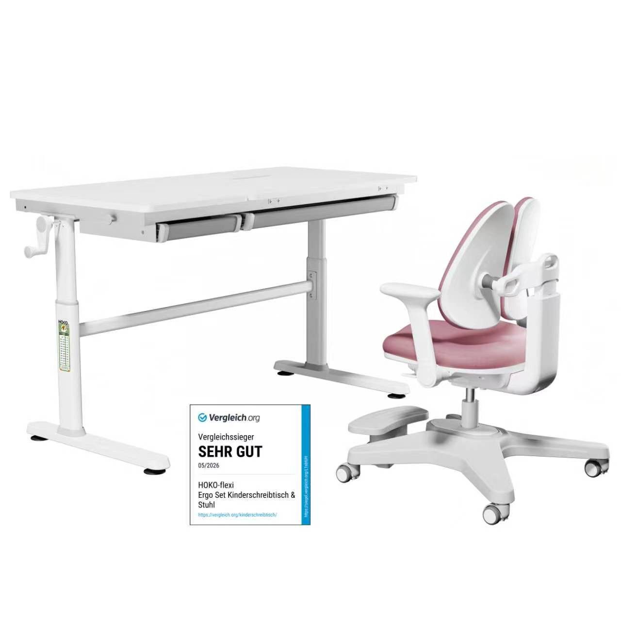 HOKO Kinderschreibtisch höhenverstellbar für Kinderzimmer (Tisch-Stuhl-Set, Kinderstuhl mit abnehmbarer Fußstütze, Schmetterlingslehne und Rollen), 120x60 cm Schreibtisch, für Kinder ab 6 Jahren, Weiß-Rosa, ELIN-ANKE