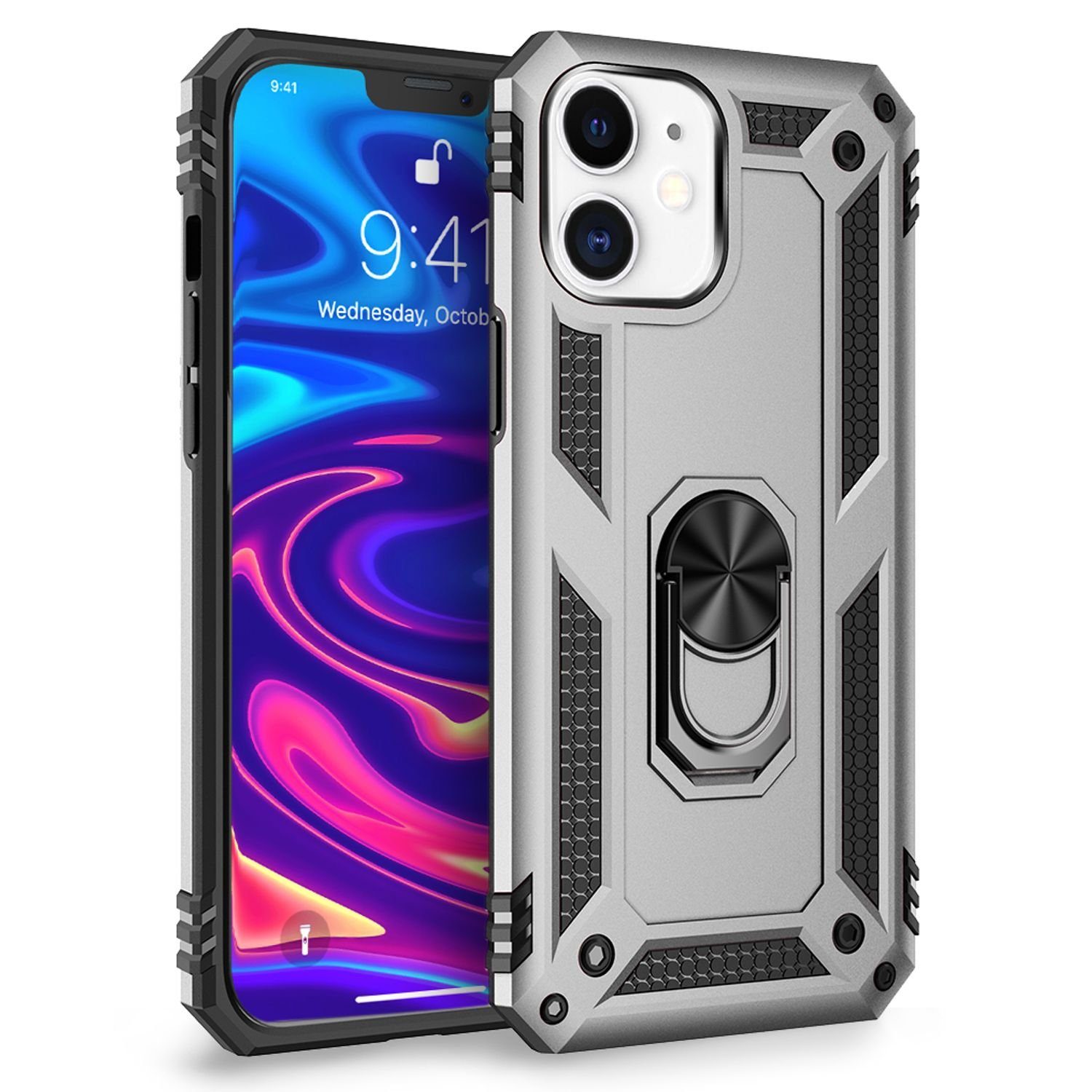 Nalia Smartphone-Hülle Apple iPhone 12 Apple iPhone 12 Pro 15,5 cm (6,1 Zoll), Outdoor Military Style Hülle mit Ring / Extrem Schützend / Panzer Case