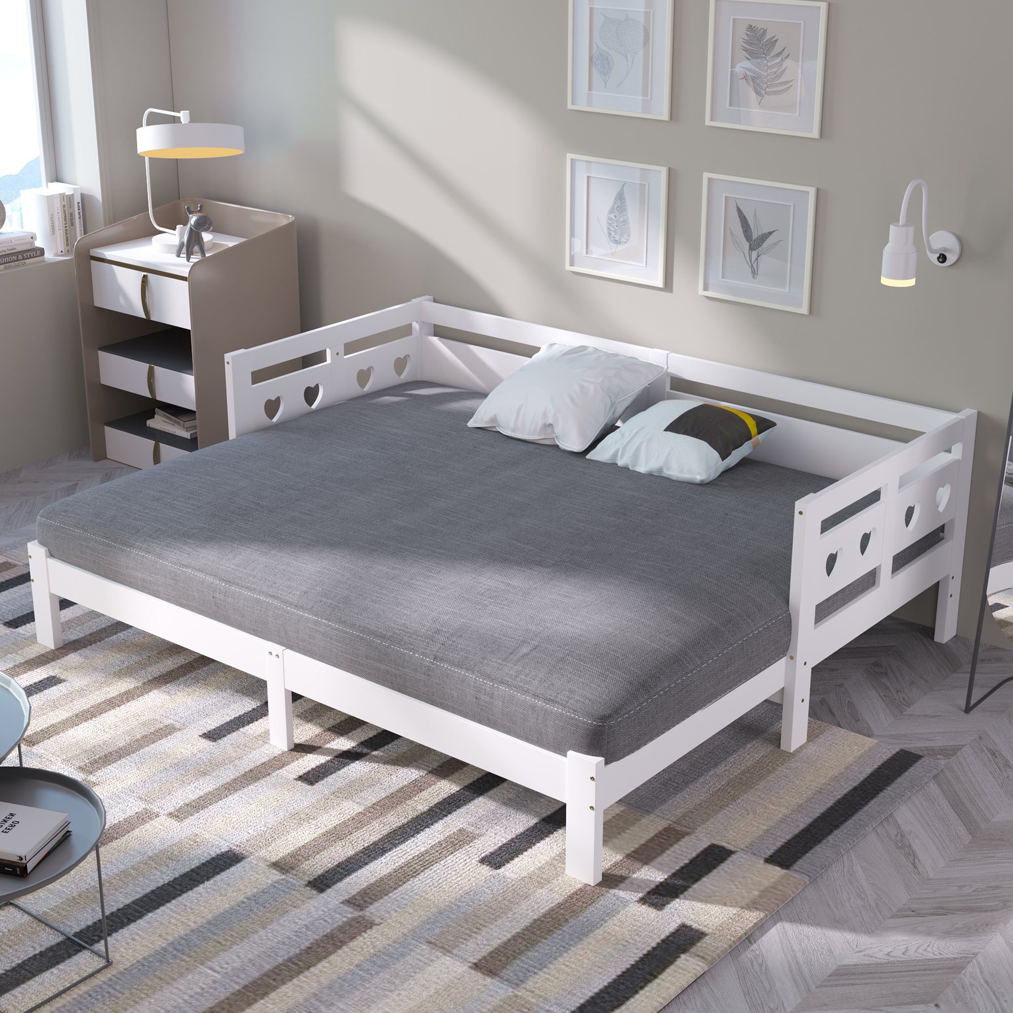 OKWISH Daybett ausziehbares Tagesbett Kiefer Holzbett, 90x190cm/180x190cm, Ohne Matratze