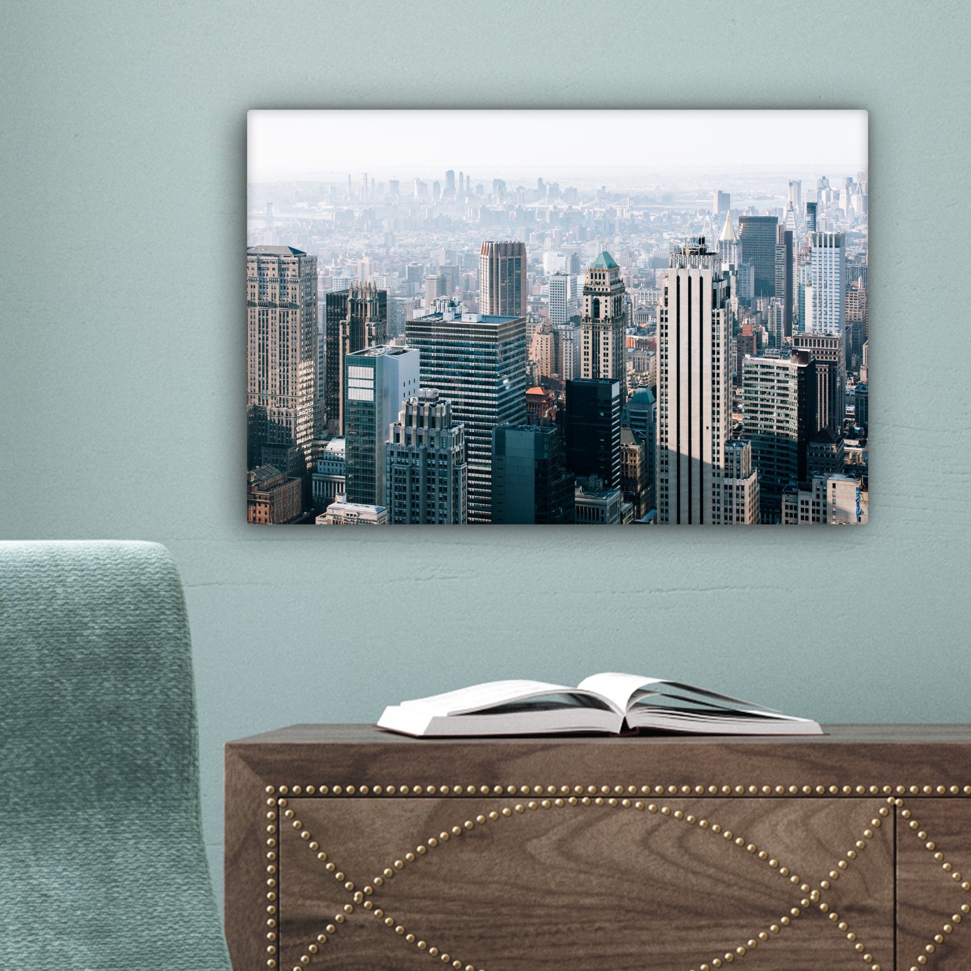 OneMillionCanvasses® Leinwandbild Leinwandbilder, Nebel, Skyline (1 Wanddeko, New - York 30x20 Aufhängefertig, St), cm - Wandbild