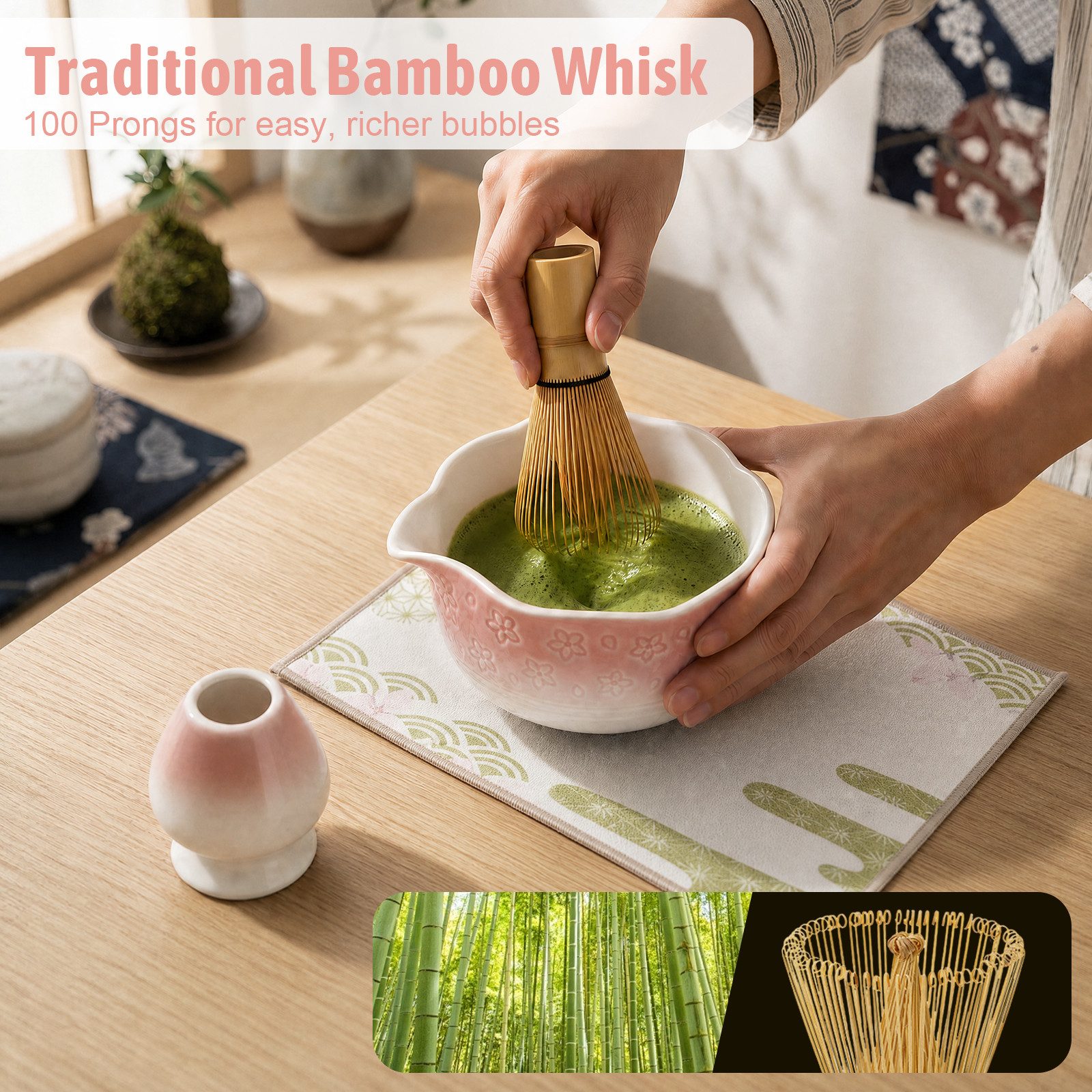 VONATES Teeservice 9tlg. Matcha Set mit Matcha-Schale, Bambus-Besener & Halter, Sieb, Löffel, Tuch, Eisform, aus Bambus und Keramik für Teezeremonie – Bild 5 von 5