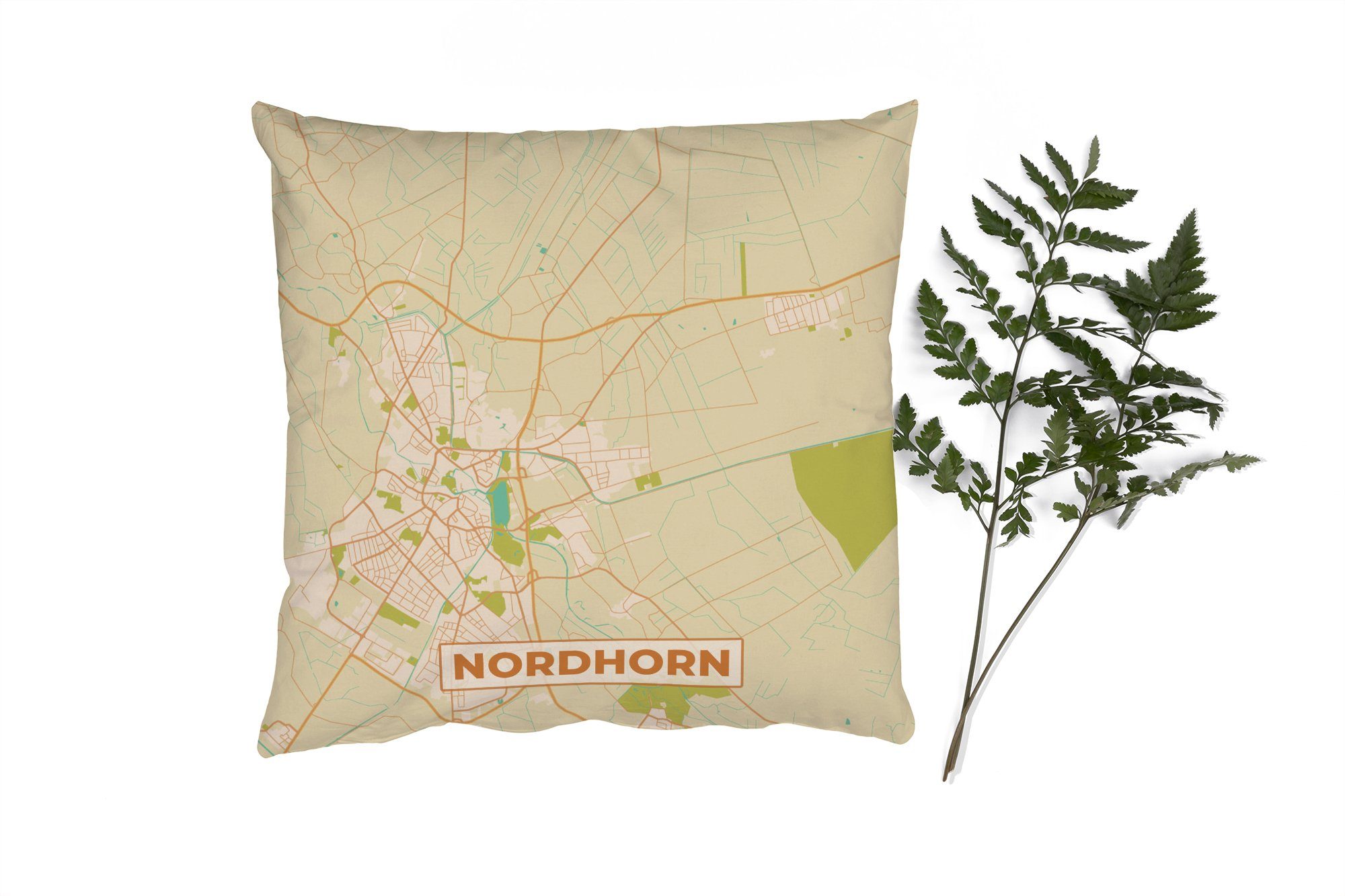 MuchoWow Dekokissen Nordhorn - Karte - Stadtplan - Vintage - Karte, Zierkissen mit Füllung für Wohzimmer, Schlafzimmer, Deko, Sofakissen