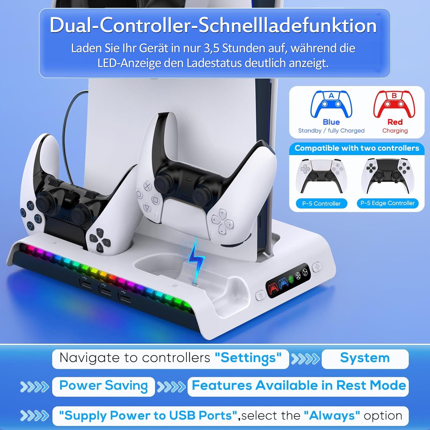 TUWENA Standfuß für PS5 Pro/PS5 Slim, LED Controller Ladestation Zubehör PlayStation 5-Controller (kompatibel mit Playstation5 Pro/Slim Digital/Disc Edition) – Bild 5 von 5