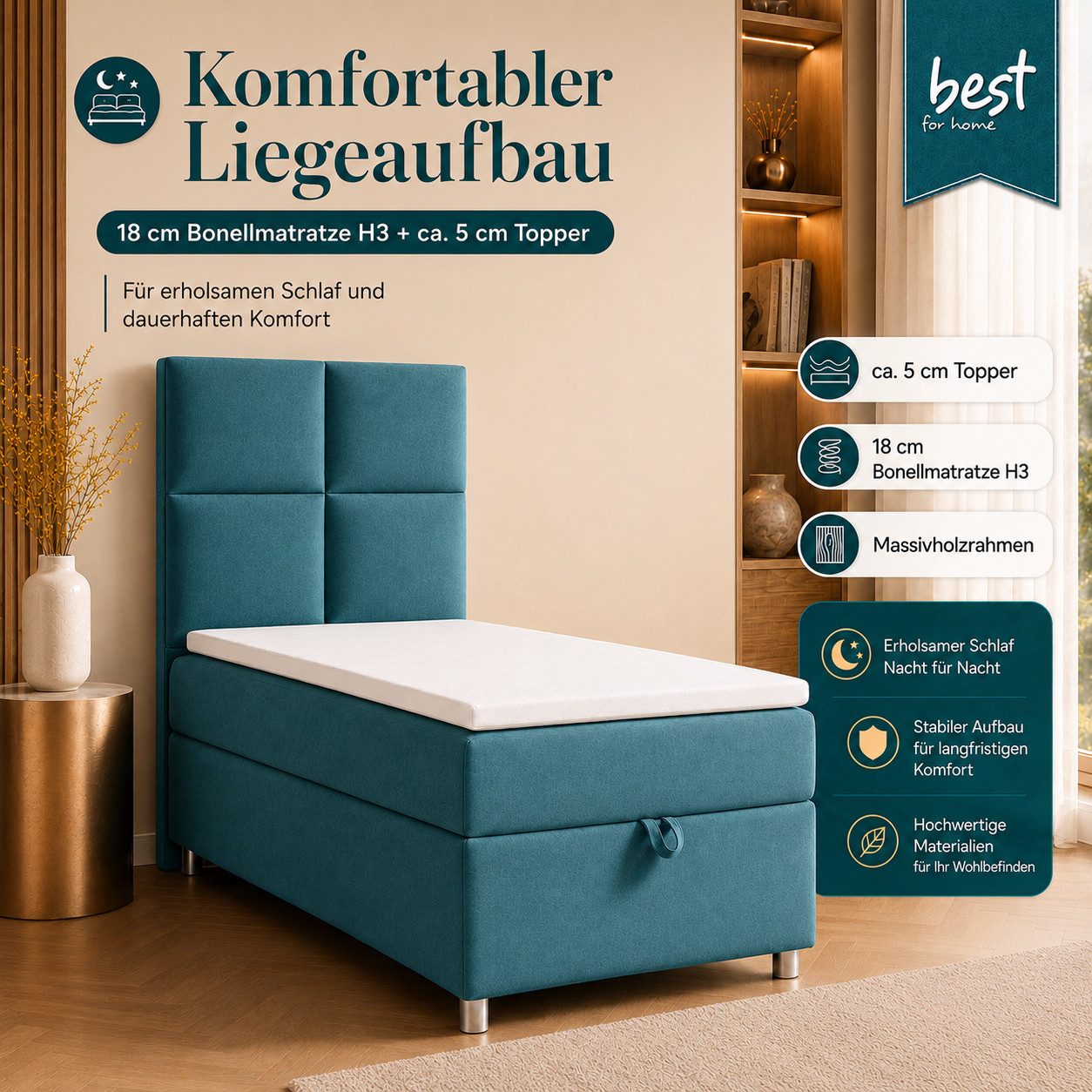 Best for Home Boxspringbett Trinity K-2 mit Bettkasten & Topper – Komfort & Stauraum (Einzelbett, Hotelbett, Polsterbett gepolstertes Kopfteil, Jugendbett, Kinderbett versch. Größen, 1-St., 70x200 80x200 90x200 100x200 cm), Einzel-Boxspringbett mit integriertem Stauraum, gepolstertem Kopfteil