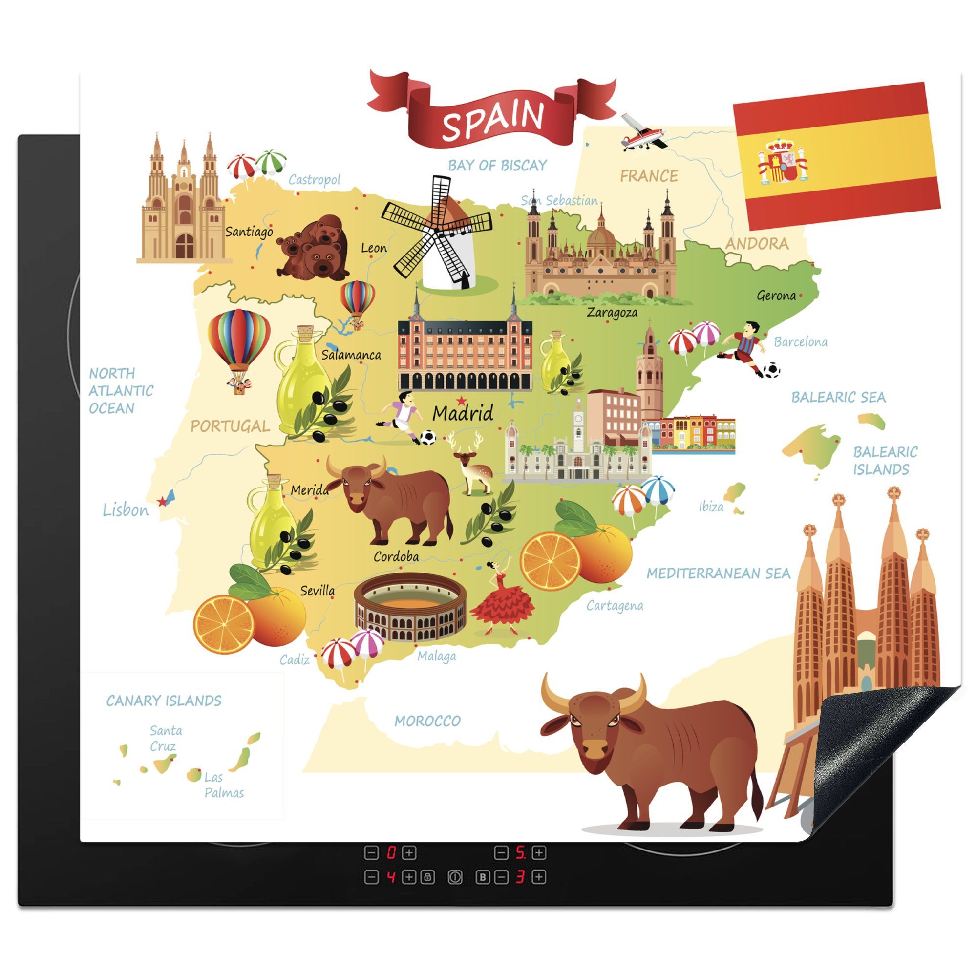 MuchoWow Herdblende-/Abdeckplatte Illustrationen auf der Karte von Spanien, Vinyl, (1 tlg), 57x51 cm, Induktionsschutz, Induktionskochfeld, Ceranfeldabdeckung