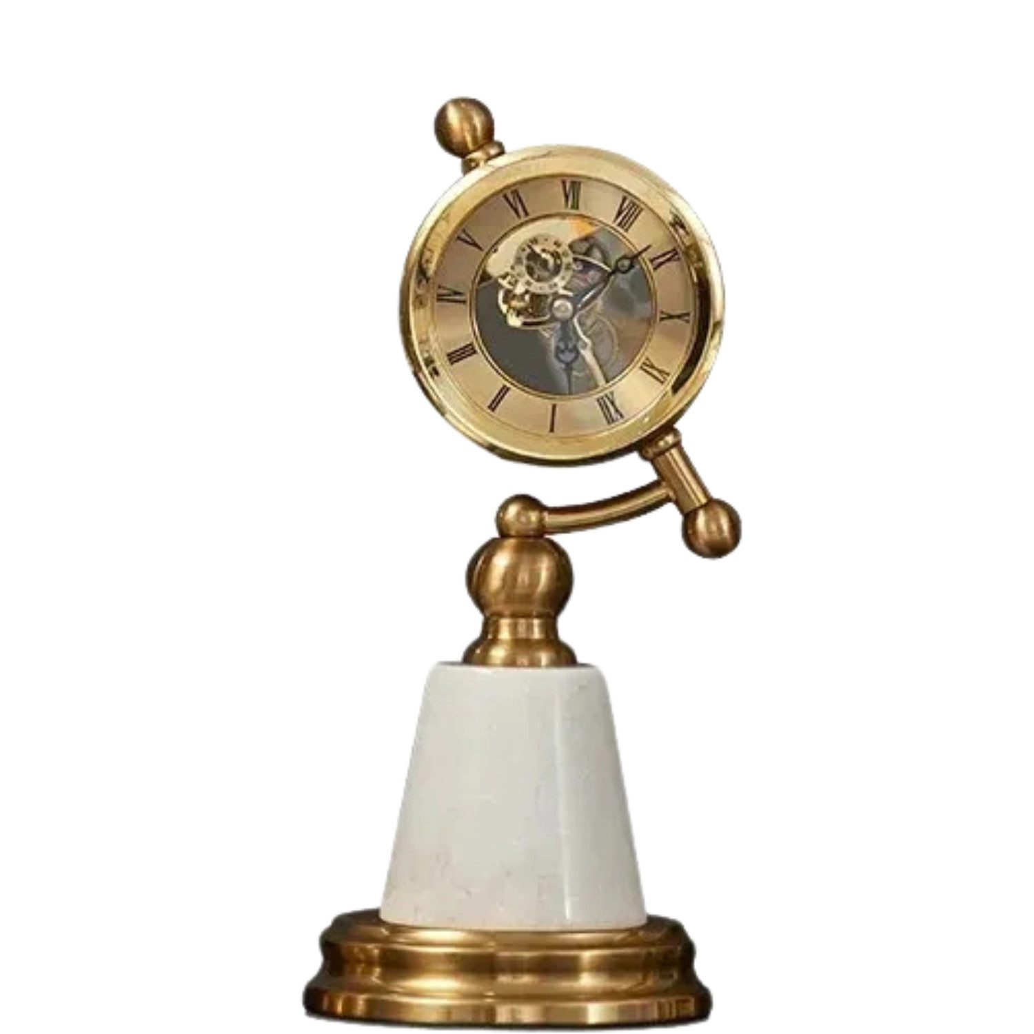 Quality Elegance Dekoobjekt Luxus Tischuhr mit Kristallkugel und Marmor Sockel in Gold 30cm