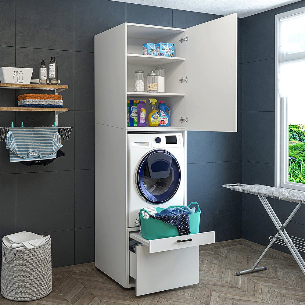 Roomart Waschmaschinenumbauschrank (Waschmaschinenschrank mit Schrankaufsatz Waschturm Mehrzweckschrank) weiß | Weiß