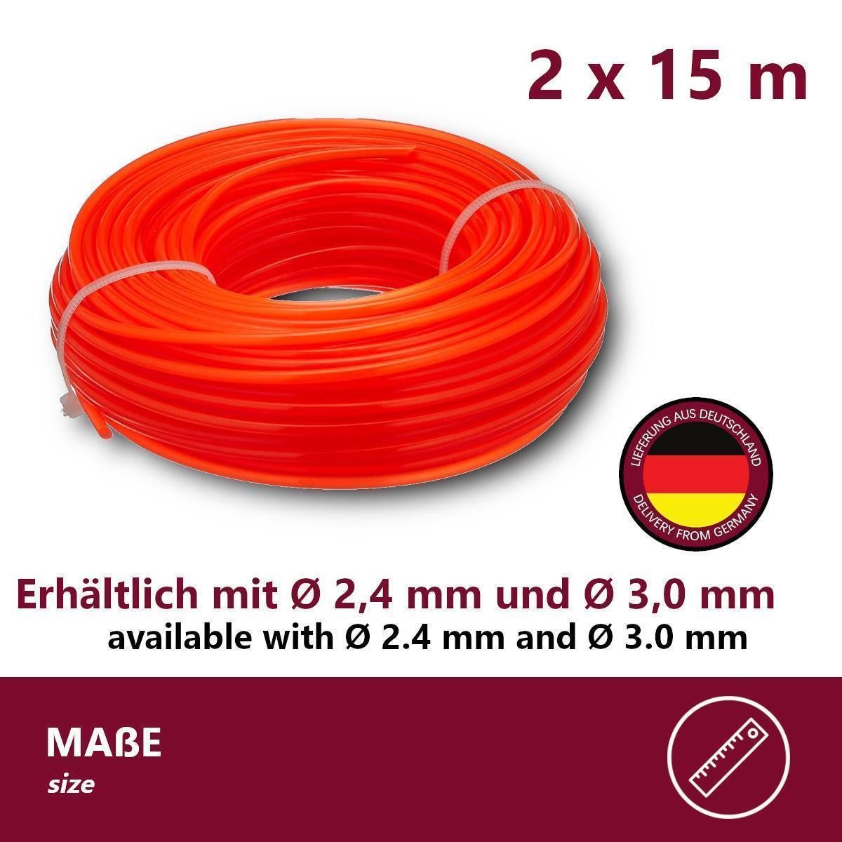 HOOZ Trimmerfaden in versch. Farben - Mähfaden Trimmerschnur für Rasentrimmerspulen, 15 m Länge, 3 mm Fadendurchmesser, (Set, 2-St., Weiß), Signalfarben