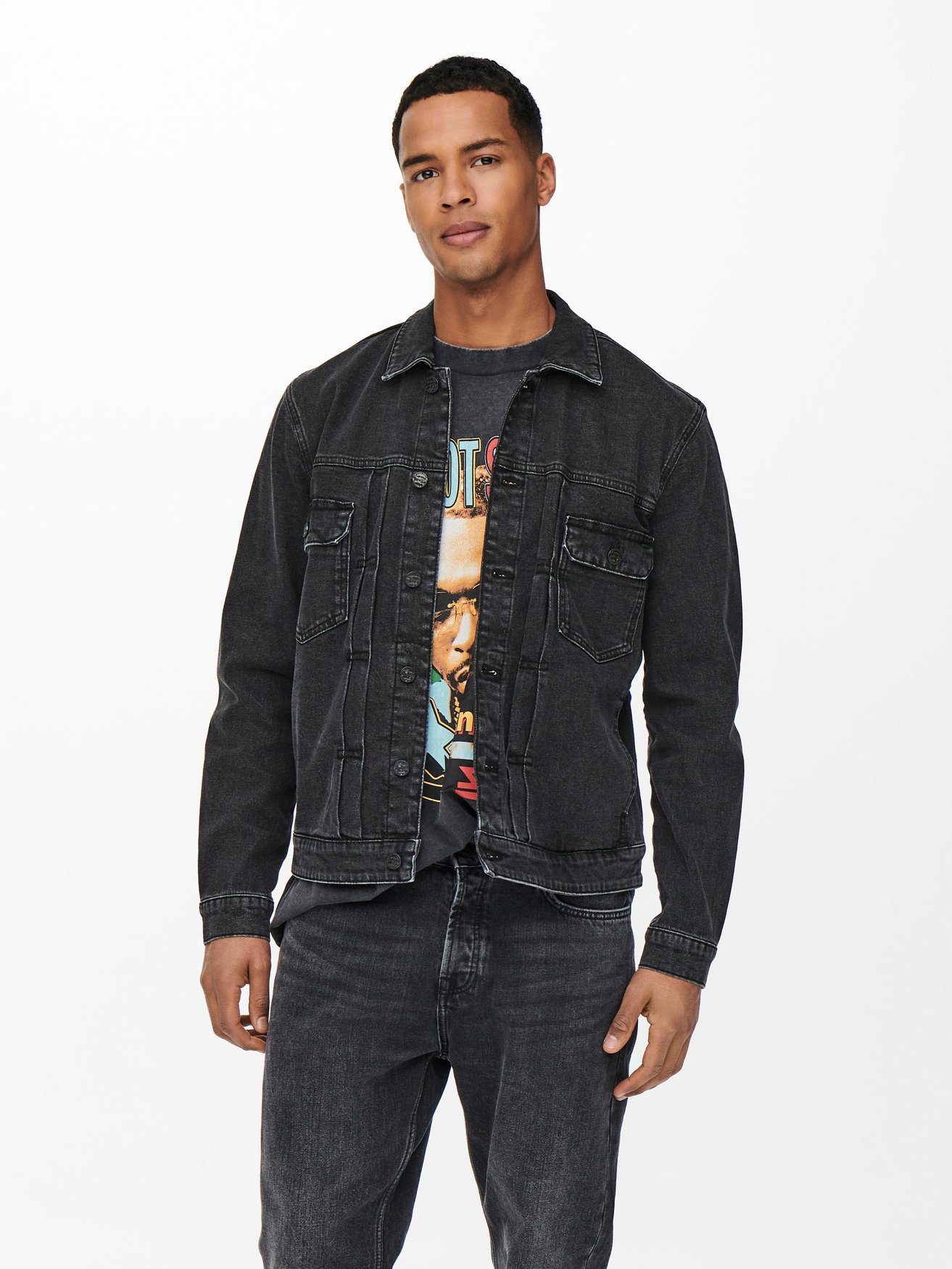 ONLY & SONS Jeansjacke Jeansjacke LED ZEPPELIN Denim Shacket ONSBART 6103 in Schwarz