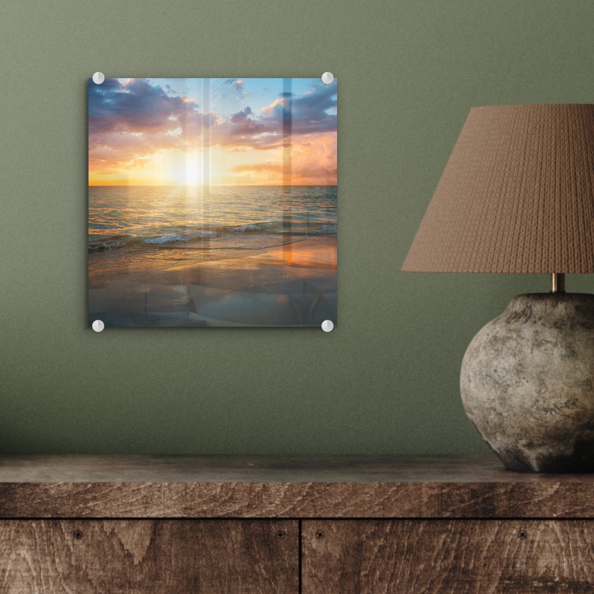 MuchoWow auf Wolken - Acrylglasbild Foto St), - (1 auf - Glas Wanddekoration Glasbilder Sonnenuntergang Strand, - Wandbild Glas Bilder -