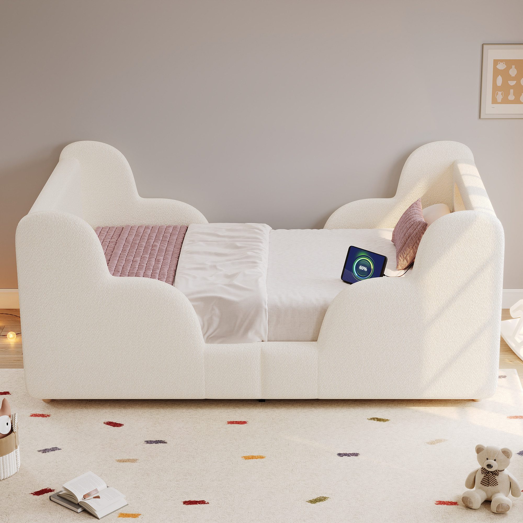 Flieks Polsterbett, Kinderbett 90x200cm mit Schutzgeländer, Nachtlicht, USB-Ladeanschluss