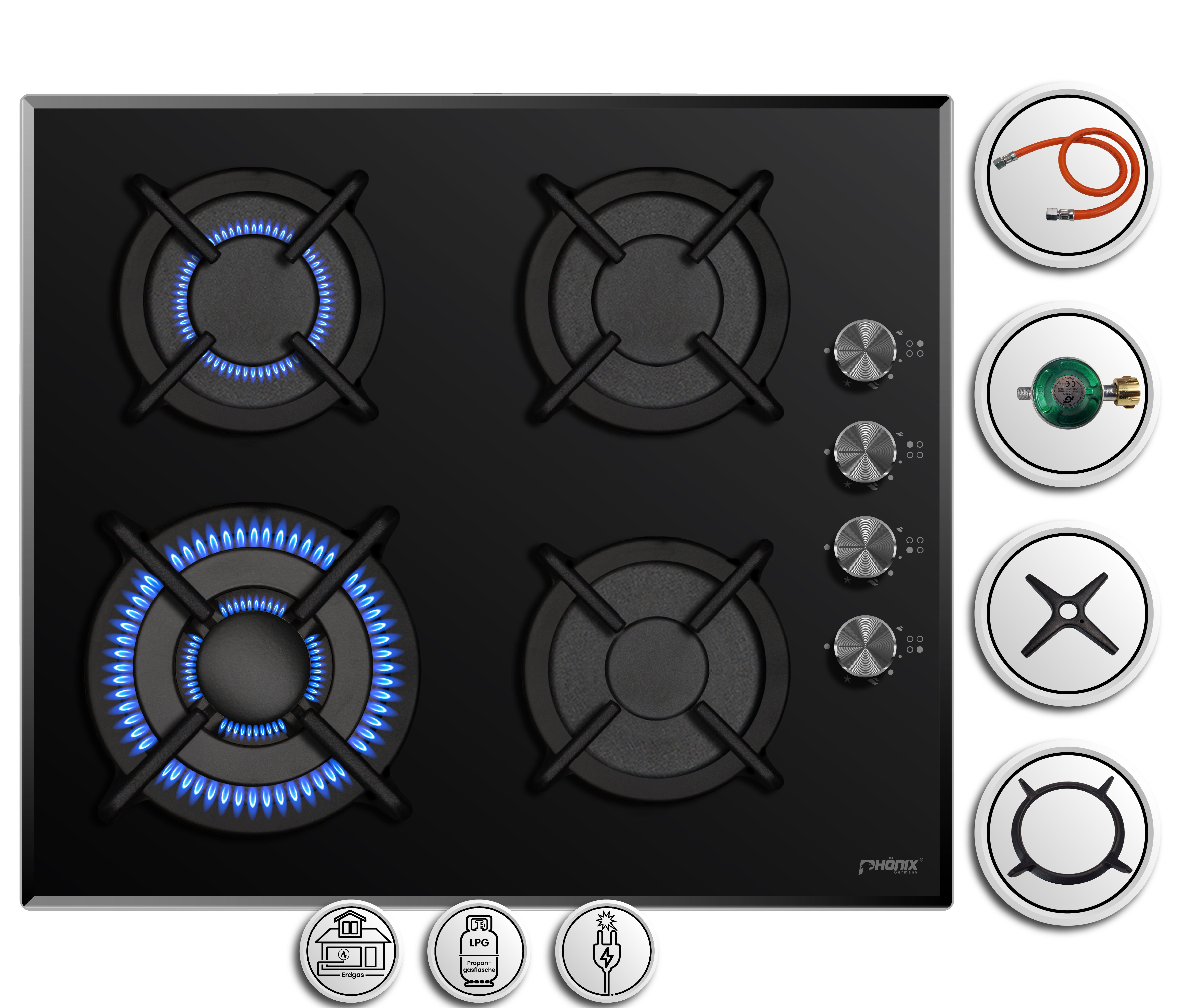 Phönix Germany Gas-Kochfeld PG-604ST, Gaskocher 4 flammig mit Zündsicherung, Propan- / Erdgas, H-Gas