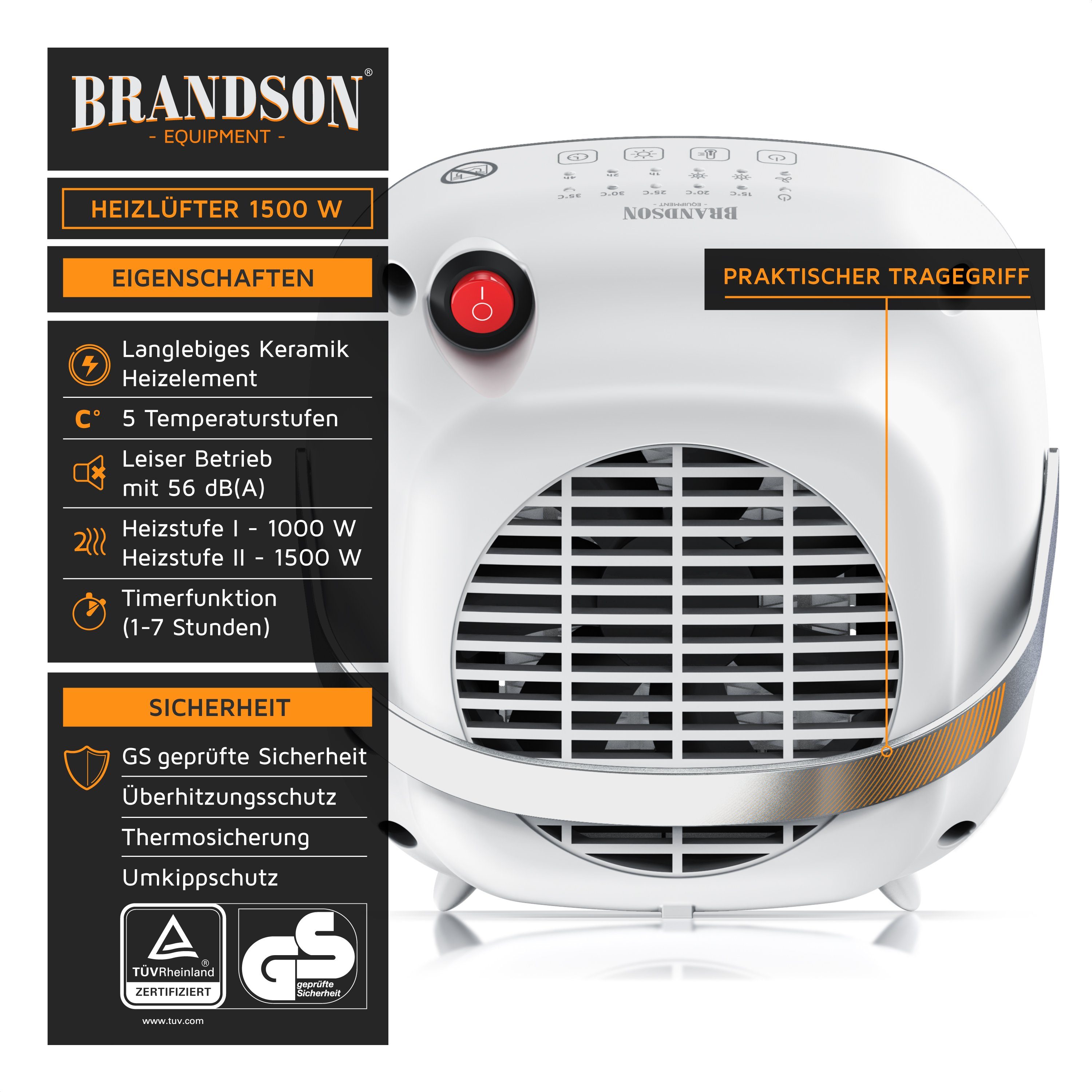 Brandson Keramikheizlüfter Badezimmer Schnellheizer mit Temperaturregelung, energiesparend, leise, 1500 W, Heizstrahler, Elektroheizung, Überhitzungsschutz, Thermostat