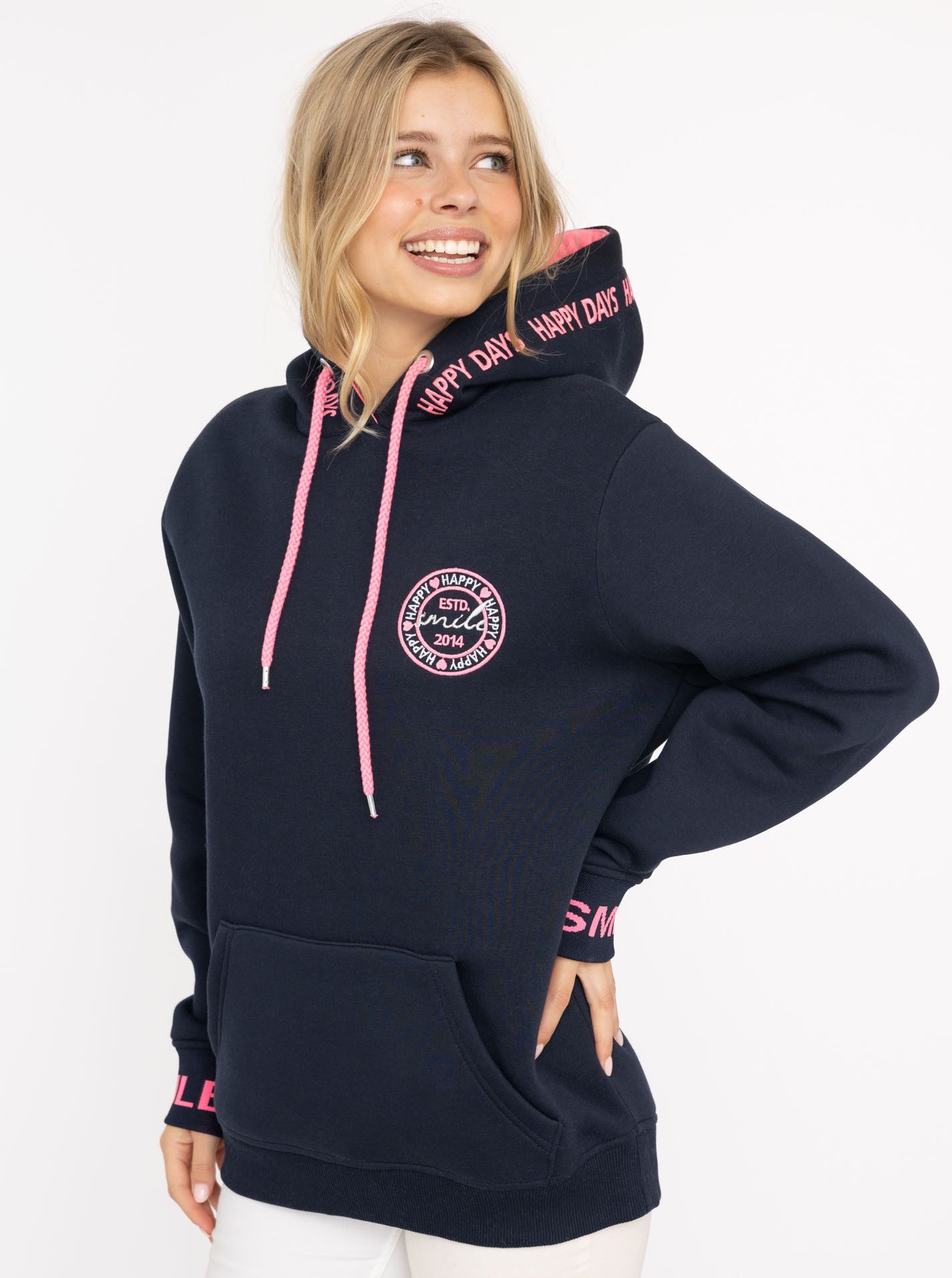 Zwillingsherz Hoodie "Happy Days" gestickte pinke Details, Kapuze, Kordelzu günstig online kaufen