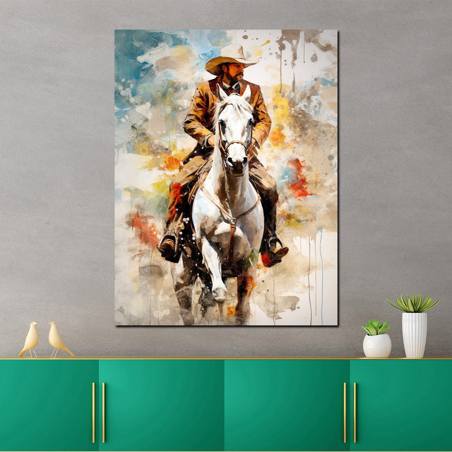 Artedinoi Leinwandbild Western Cowboy auf Pferd Pop Art Leinwandbild Wandbild XXL, Cowboy auf Pferd