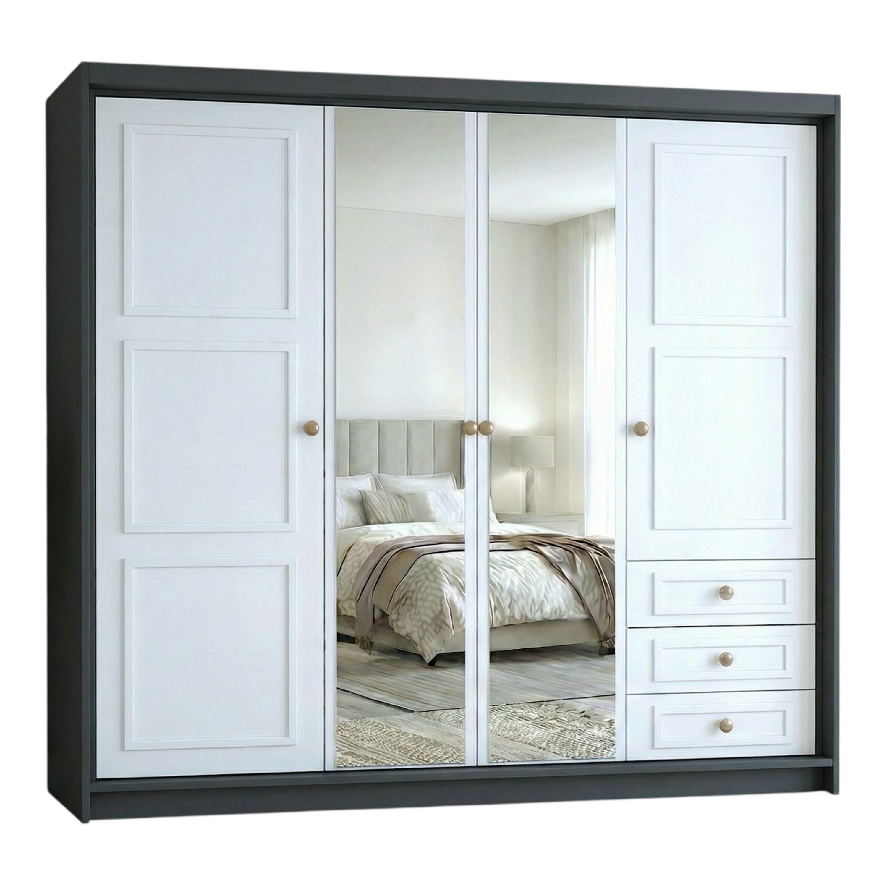 A&J MöbelLand GmbH Drehtürenschrank OSLO viertüriger Kleiderschrank mit Schubladen und Metallgriffen (Geräumiger viertüriger Kleiderschrank mit Schubladen und Metallgriffen. Geräumiger Schrank mit einer Breite von 200 cm und Schubladen, ideal zur Aufbewah