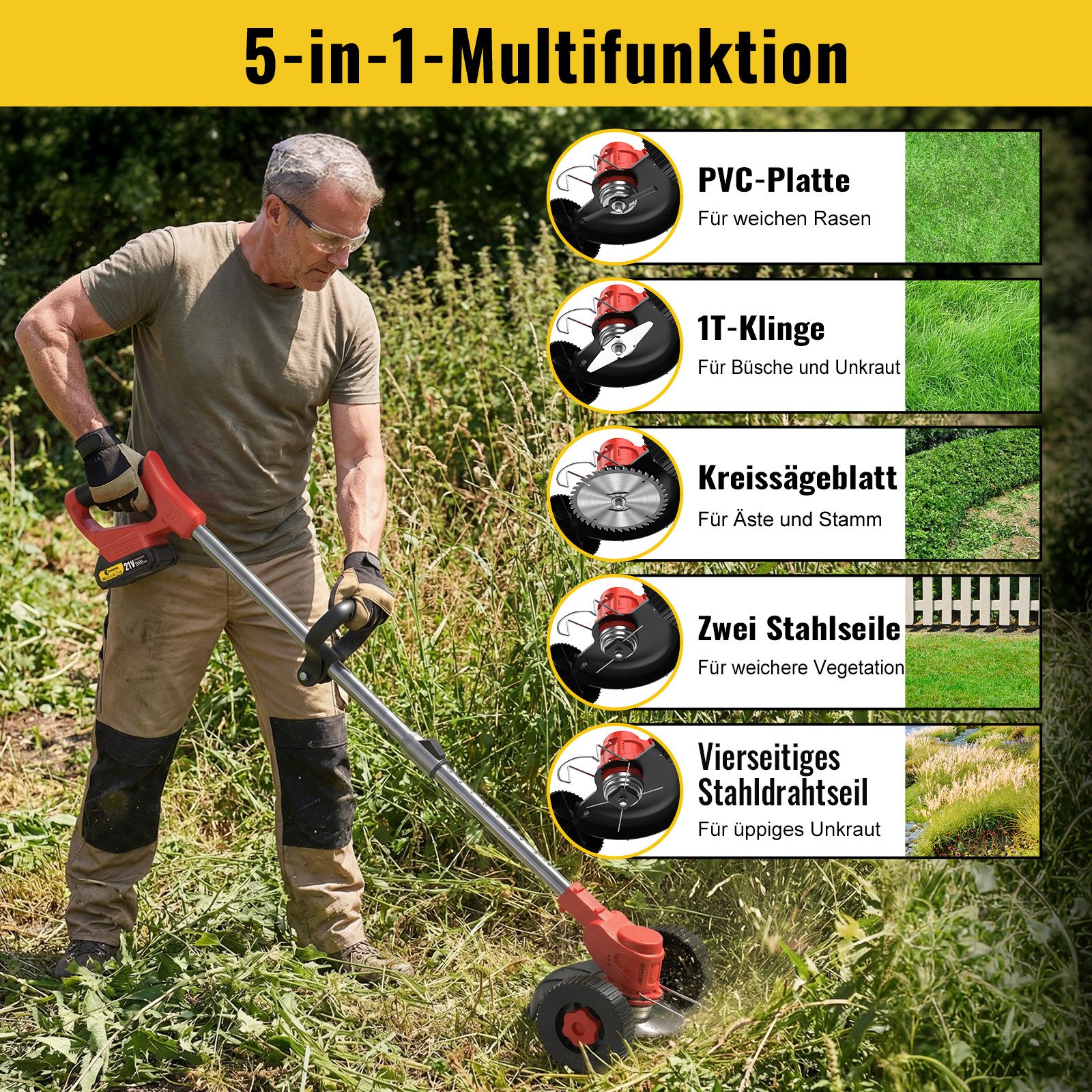 CONENTOOL Akku-Rasentrimmer 2x 2000mAh Akkus 21V, Rädern, 15 cm Arbeitsbreite Messer, (mit Akku und Ladegeät), 4 Arten Klingen, Teleskop-Stiel – Bild 5 von 5