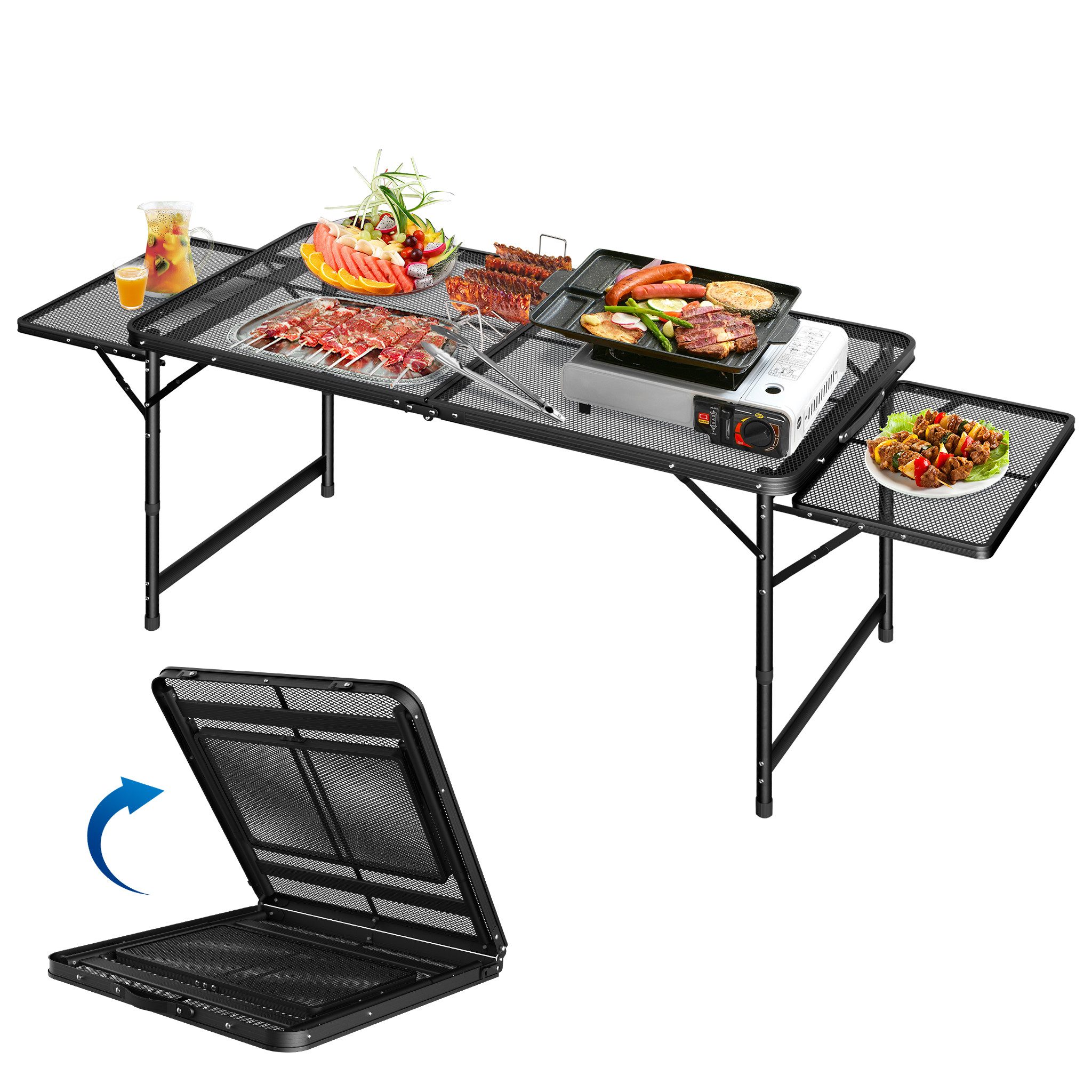 FIVMEN Campingtisch Camping Beistelltisch Klappbar 90×60cm Metallgitterplatte Gartentisch, Höhenverstellbarer Camping Tisch Outdoor Picknicktisch Klapptisch