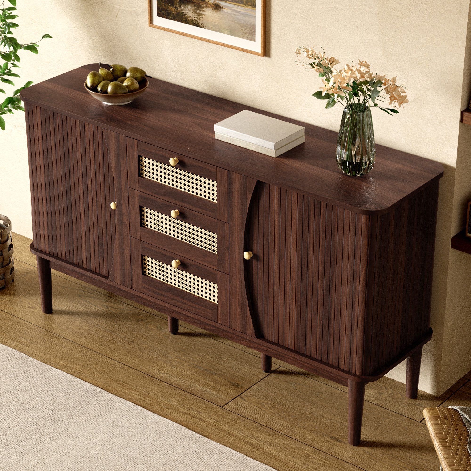 Merax Sideboard Skandi mit 2 Schiebetüren und 3 Schubladen (Rattanschrank Landhausstil, für Wohnzimmer & Flur), Rattan geflecht Kommode, Anrichte Schrank mit Ho – Bild 3 von 5