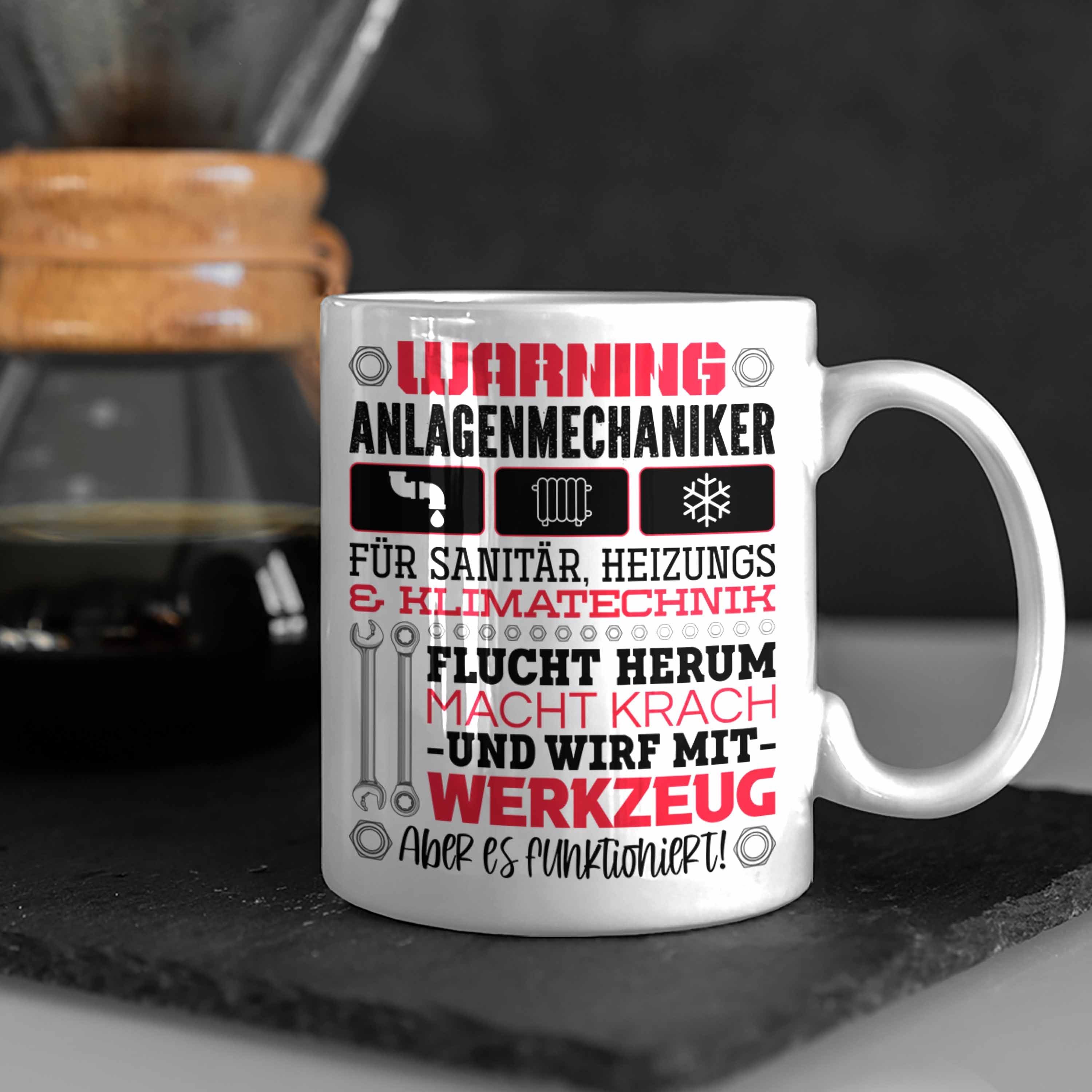 Trendation Tasse Anlagenmechaniker Tasse Männer Warning Spruch Geschenk Weiss