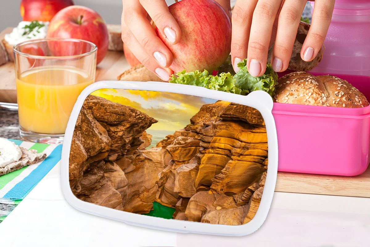 MuchoWow Lunchbox Natur Meer für Erwachsene, Wasser, - - Kunststoff Kinder, Brotbox - (2-tlg), rosa Brotdose Kunststoff, Sonnenuntergang Mädchen, - Snackbox, Felsen