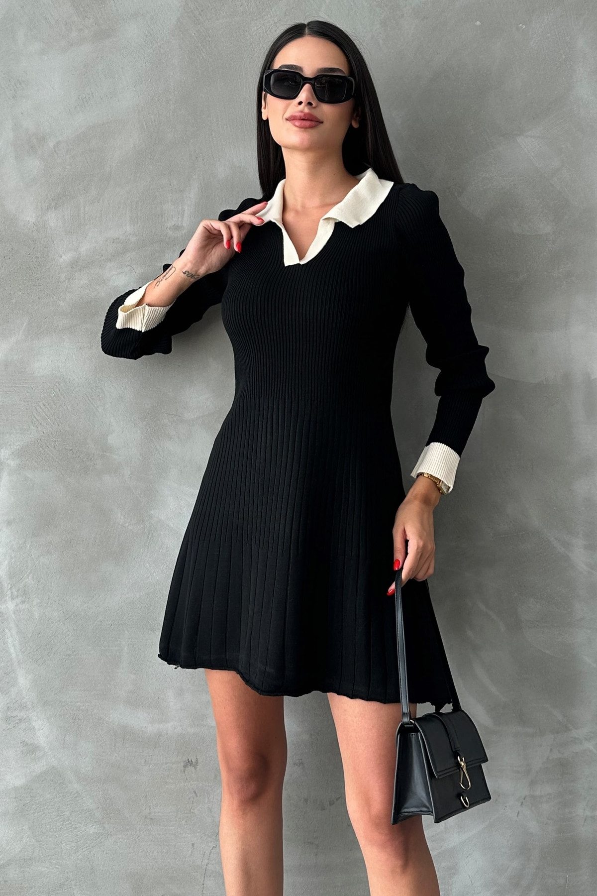 Minikleid Langärmeliges Strickkleid mit ausgestelltem Polokragen