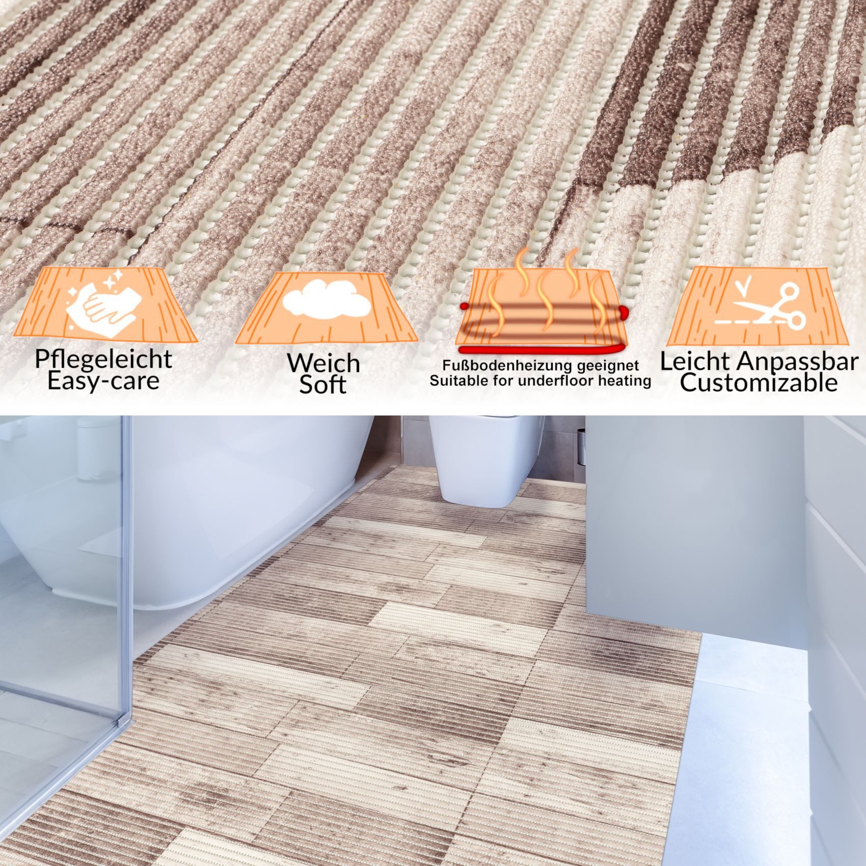 ANRO Schaum-Badematte Antirutschmatte Weichschaummatte Badezimmer Premium, Höhe 5 mm, wasserdurchlässig, pflegeleicht, Rillen, rutschhemmend, Drainage Effekt, strapazierfähig, schnell trocknend, Praktisch, Weich, Rutschhemmend, mit Drainagelöchern, fußbodenheizungsgeeignet, PVC, Eckig, Badteppich Weichschaum 100x130cm Holz Braun