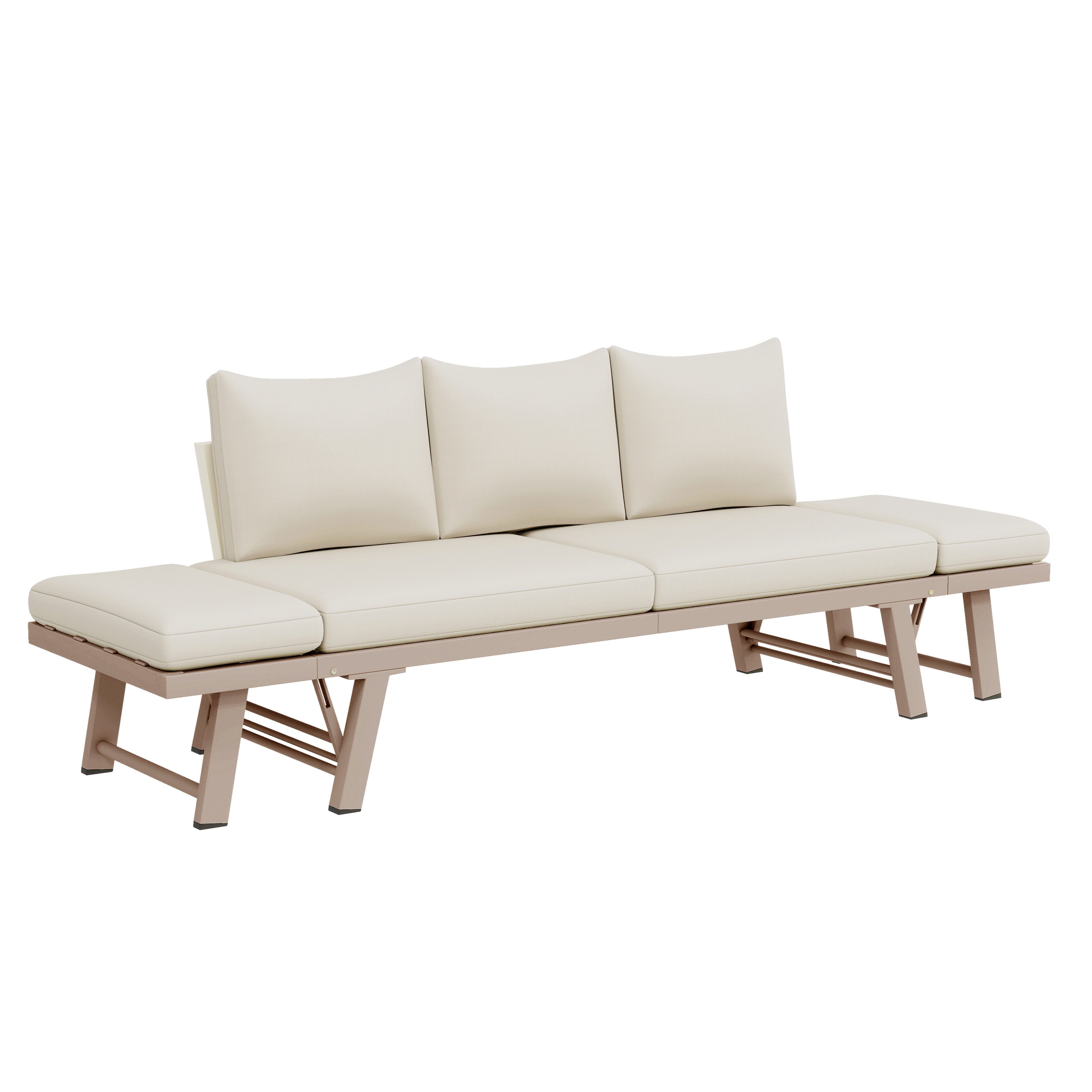 REDOM Gartenlounge-Set Inkl. Auflagen, verstellbare Armlehnen, (Set, 1-tlg., Vielseitige Gartenliege für draußen), 3-Sitzer Gartensofa in Beige, umwandelbar zur Liege