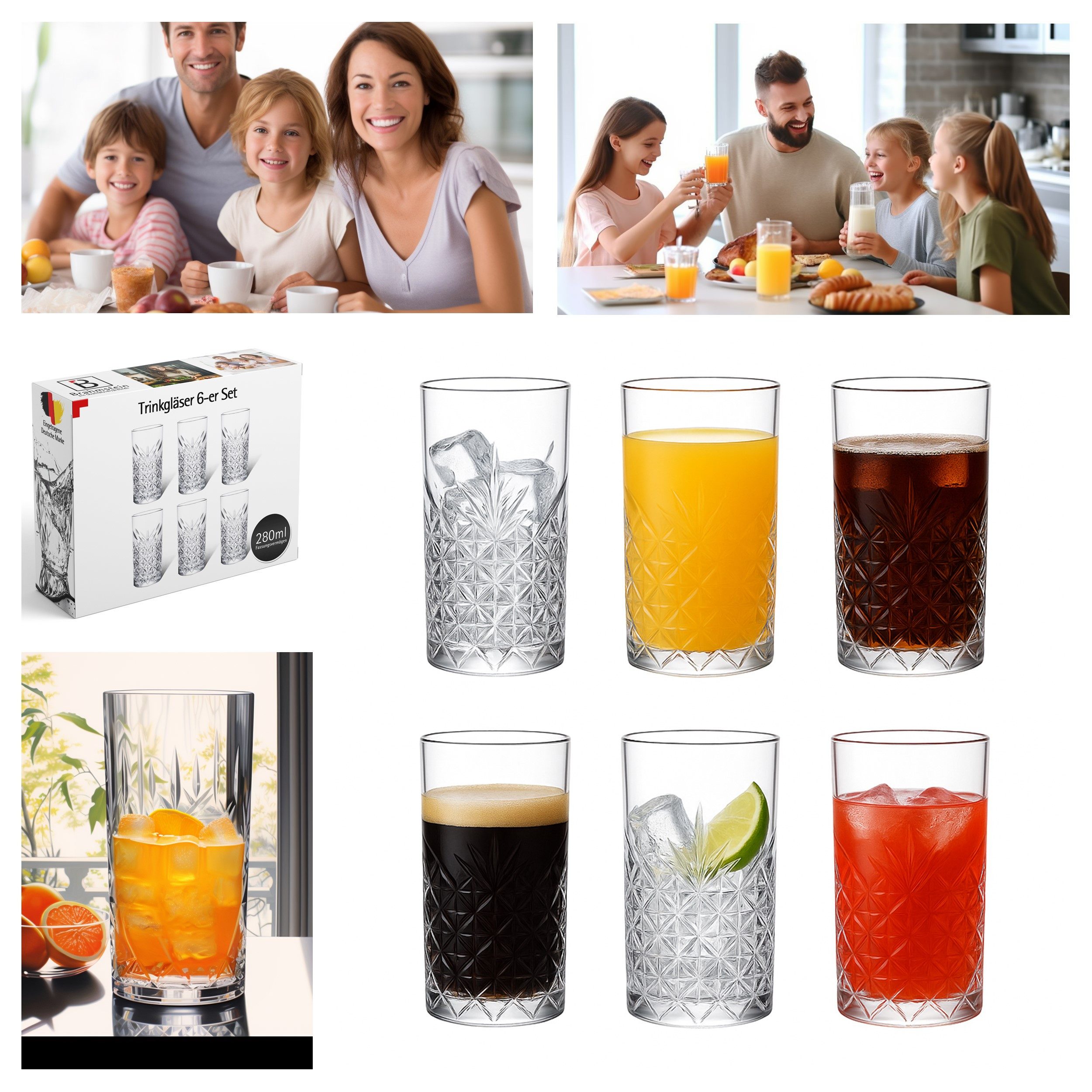 Brahmstein Gläser-Set Trinkgläser Set Wassergläser 6er Set für Cocktails Wasser, Softdrinks, 6-tlg., 6-teilig, Wassergläser-Set, 280ml