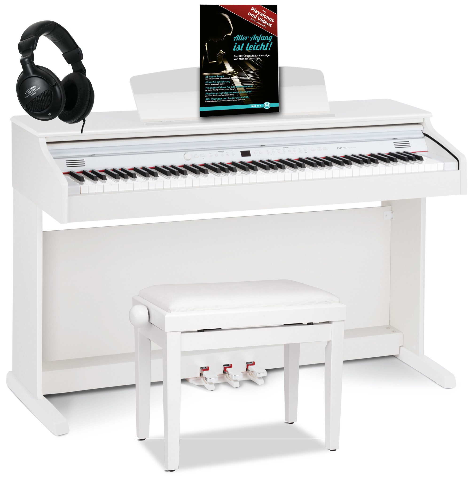 Classic Cantabile Digitalpiano DP-50 E-Piano Set mit 88 Tasten Hammermechanik (Spar-Set, inkl. Klavierbank, Kopfhörer & Schule), Klavier, Layer-, Split-, Twin-Piano- und Aufnahmefunktion
