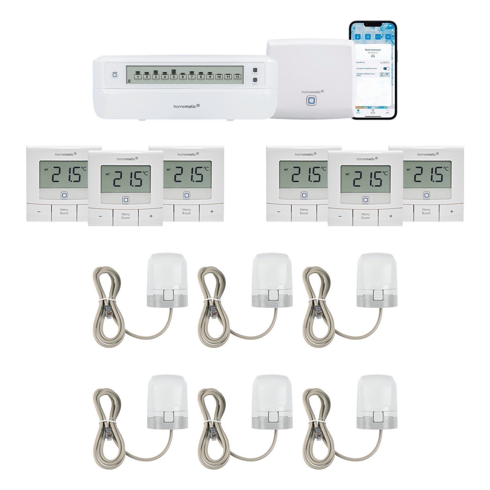 Homematic IP Bundle aus AP, 1x Fussbodenaktor, 6x Stellantrieb, 6x Wandthermostat Smart-Home-Zubehör