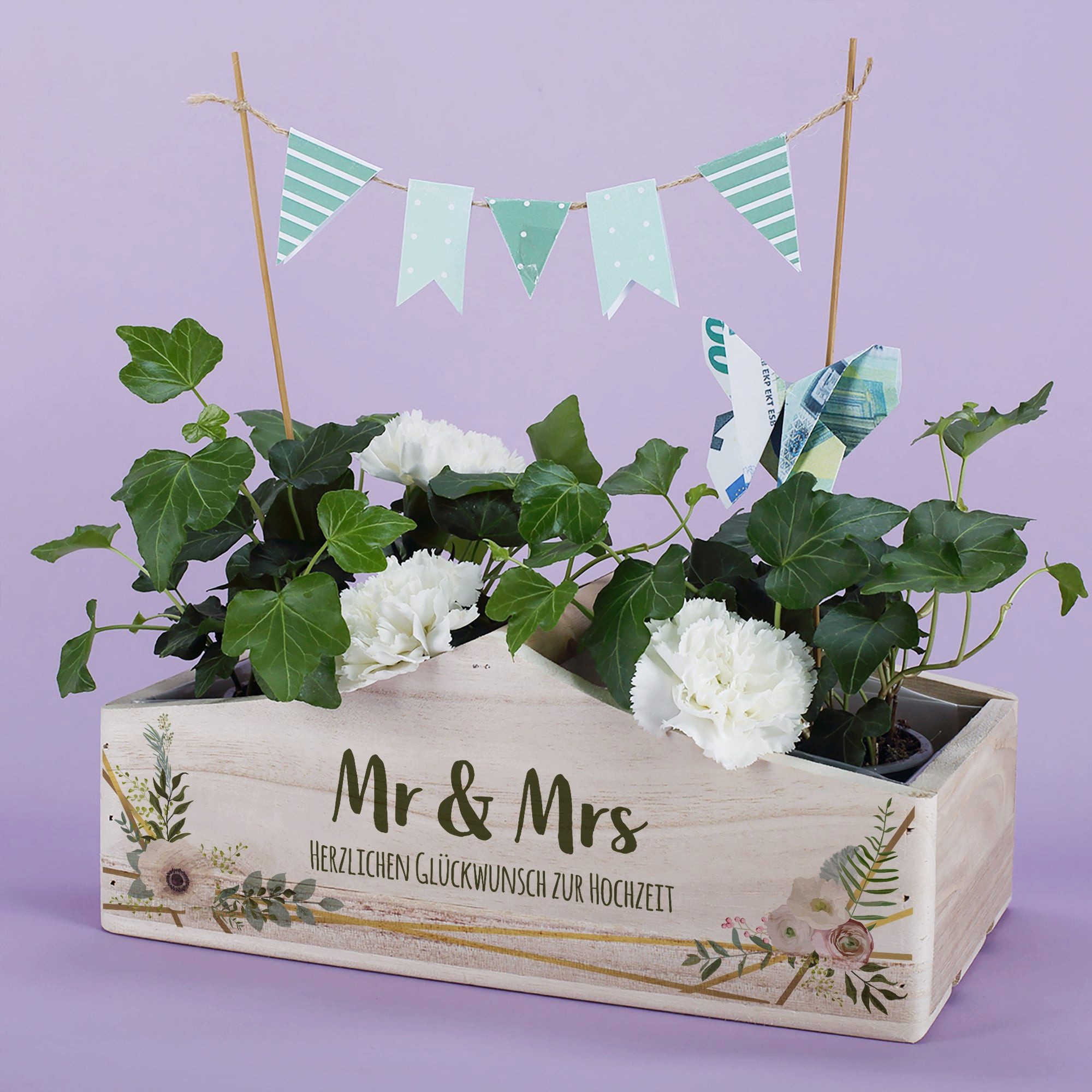 Herz & Heim Geschenkbox Präsentkorb zur Hochzeit - Geschenkverpackung für Hochzeitsgeschenke, aus Holz, mit Griff – Bild 2 von 4