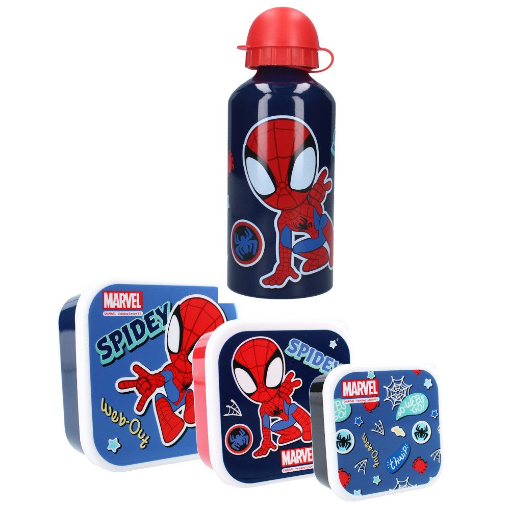 MARVEL Lunchbox Marvel Spidey 4 tlg Kinder Set Snackbox XL Alu Trinkflasche 500 ml, (4-tlg)