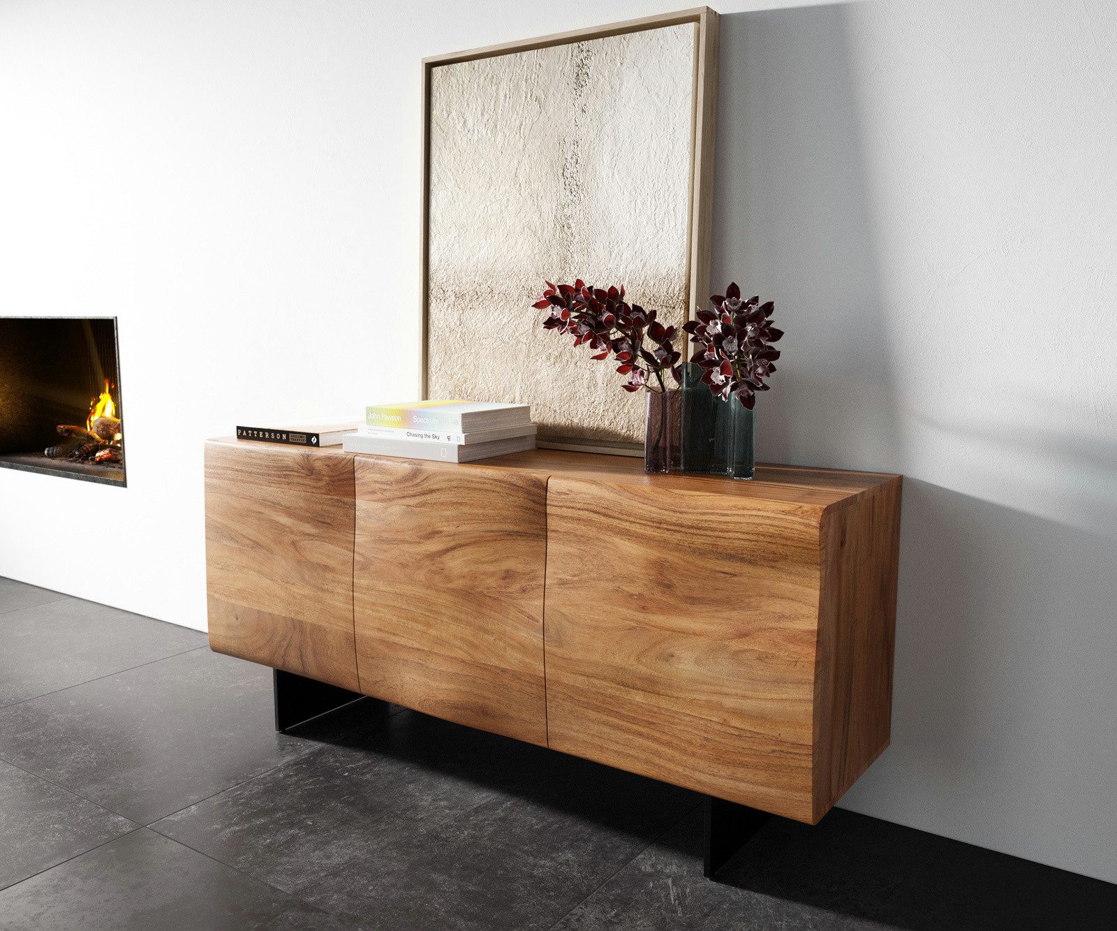 DELIFE Sideboard New, Live-Edge Akazie Natur 145 cm 3 Türen Fuß Schwebeoptik Metall Schwarz