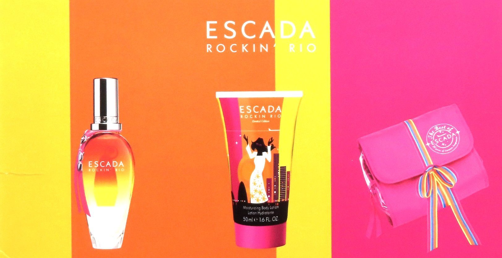 ESCADA 50ml RIO body de Toilette ROCKIN Beauty lotion + 50ml Escada Spray Edt Eau Pouch +