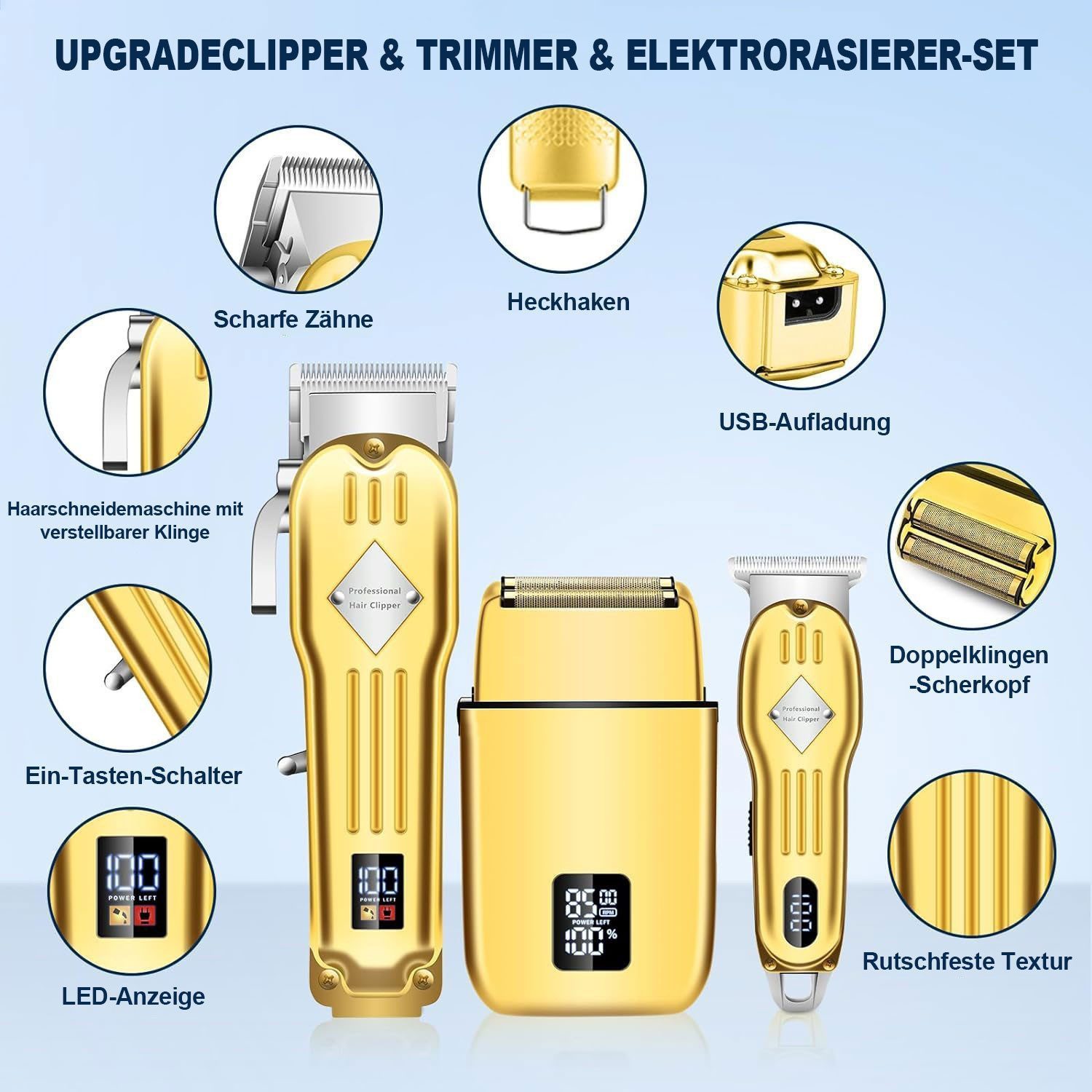 MOPUEA Haarschneider 3-in-1 Herren Haarschneider Set mit LCD, Edelstahlklinge, USB-Ladung, Enthält Haarschneider, Trimmer, Rasierer und Zubehör, LCD-Anzeige, 3 Geschwindigkeiten, Edelstahlklingen