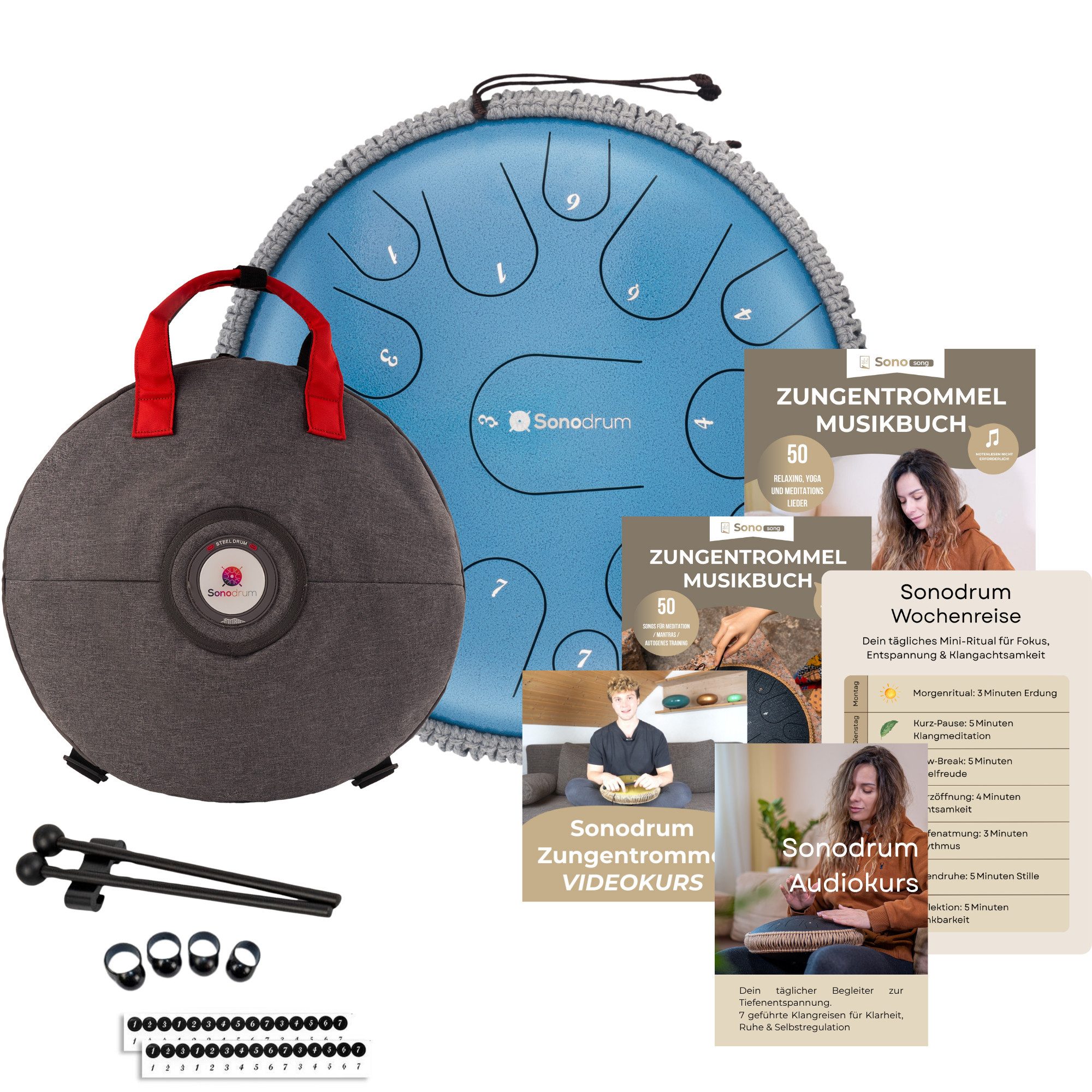 Sonodrum Steel Tongue Drum Premium, Entspannungs-Starter-Set,Entspannungs-Starter-Set, mit Tragetasche und Onlinekurs, 15 Töne in C-Dur, handgefertigt