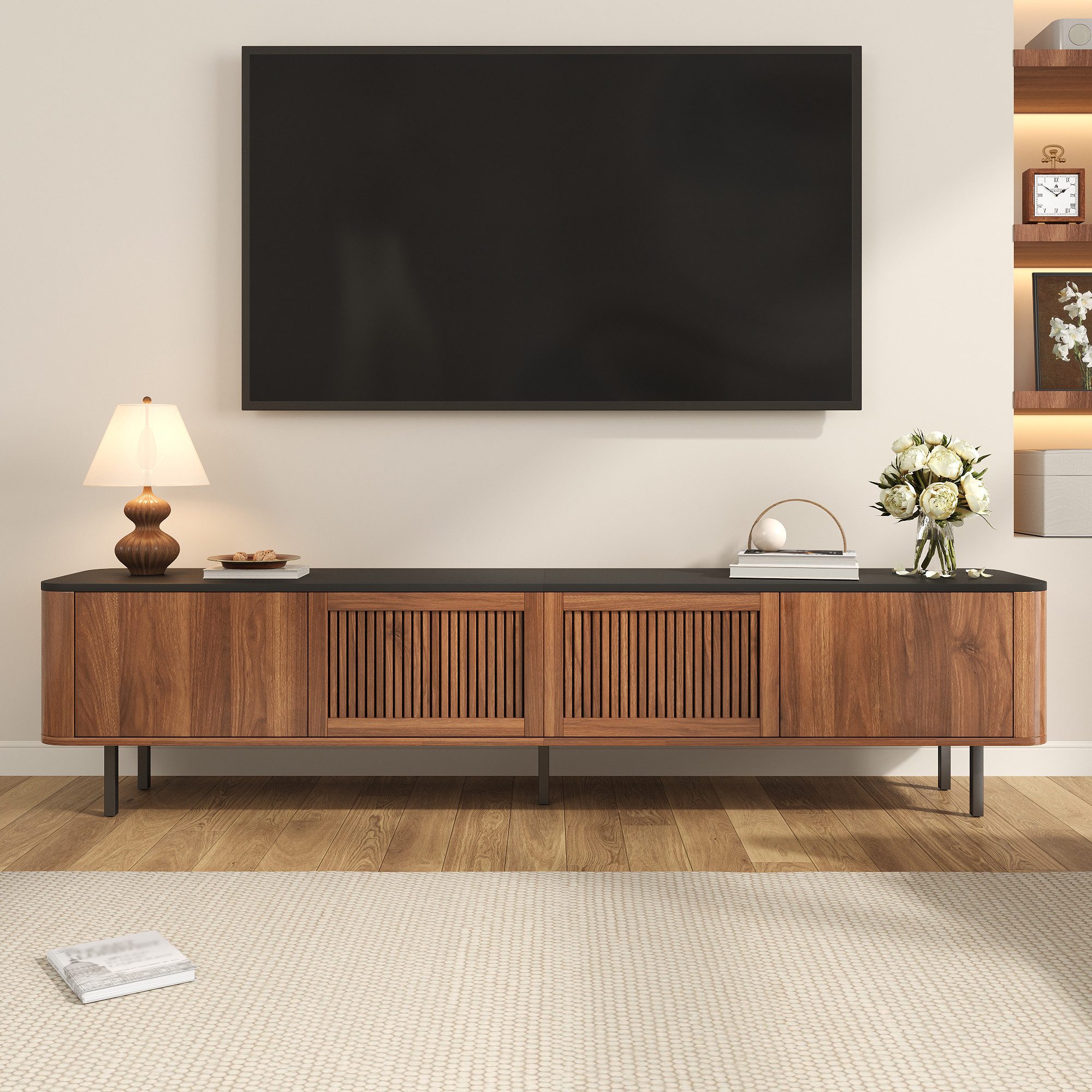STILVORA TV-Schrank wohnzimmer niedrigerer TV-Reagal Lowboard stehend mit Stauraum Walnut (Packung, 1-St., Großer Stauraum, mit 4 Türen und 4 Fächern) Modernes, minimalistisches Design, Einzigartiges Design.